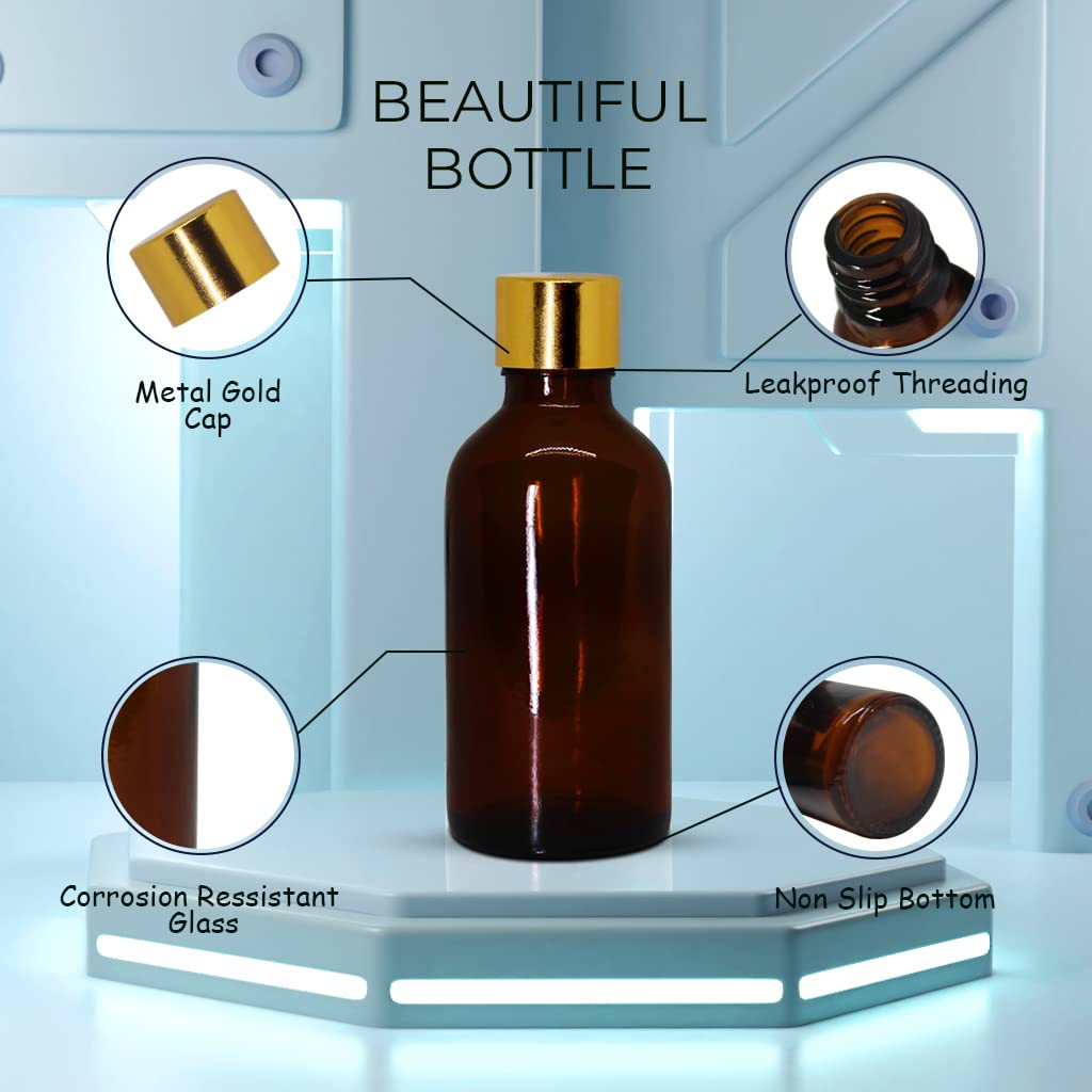 NSB Herbals 50ml Amber Round Empty Glass Bottle with Gold Seal Cap & Safety Plug - Refillable, Leak Proof for Essential Oils, Perfumes, DIY Beauty Products (Pack of 3) - Perfect for Aromatherapy, Travel & Home Storage