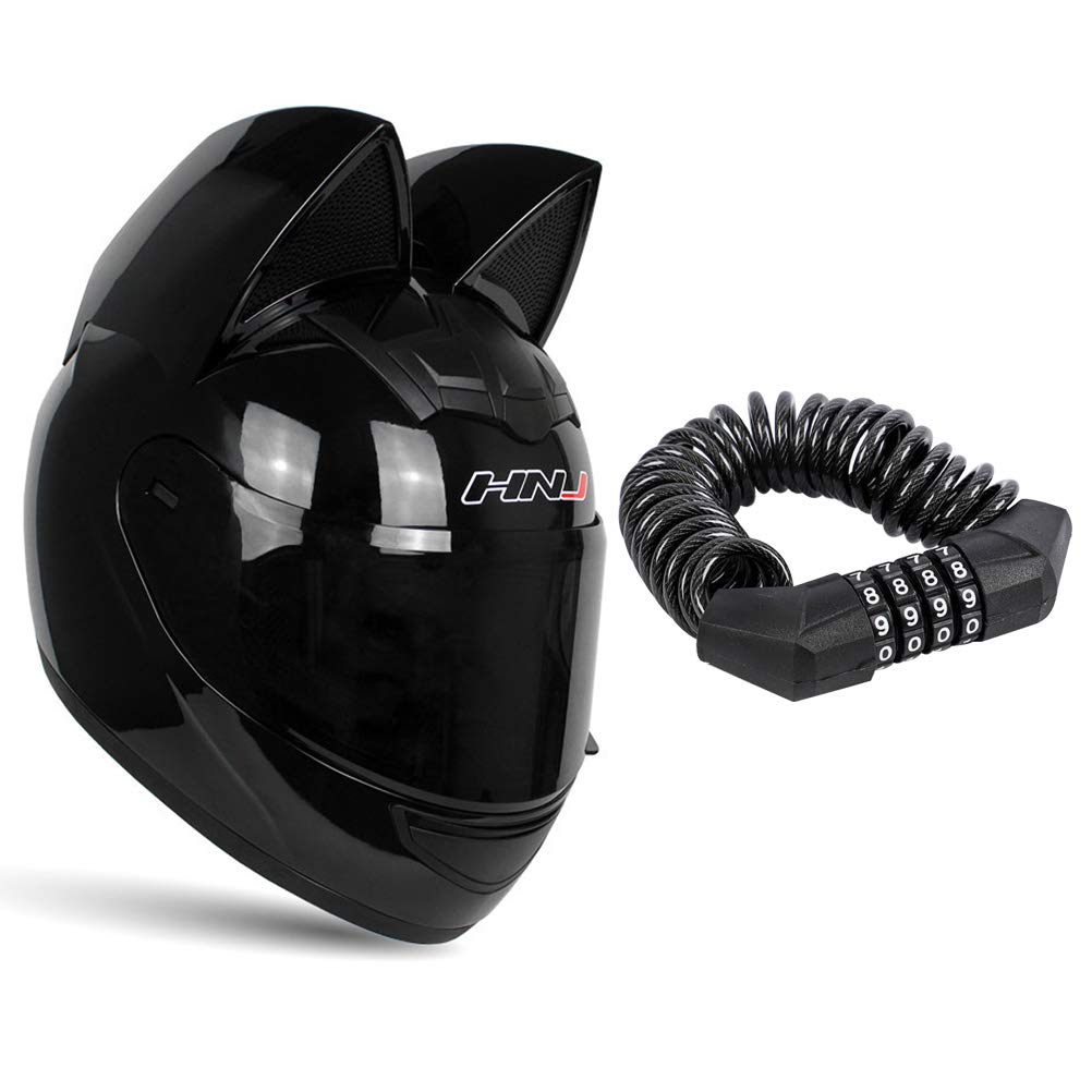 Upgraded Cat Ear Motorcycle Helmet for Men & Women - Full Face Street/Scooter/Mountain Bike Helmet with Password Lock (Black, XL) - Ideal for Urban Commuting & Adventure Riding