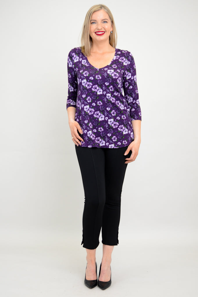 Jackie 3/4 Sleeve Bamboo Top with Hibiscus Print - Women's Comfortable & Breathable Shirt for Yoga, Beach & Summer Outfits