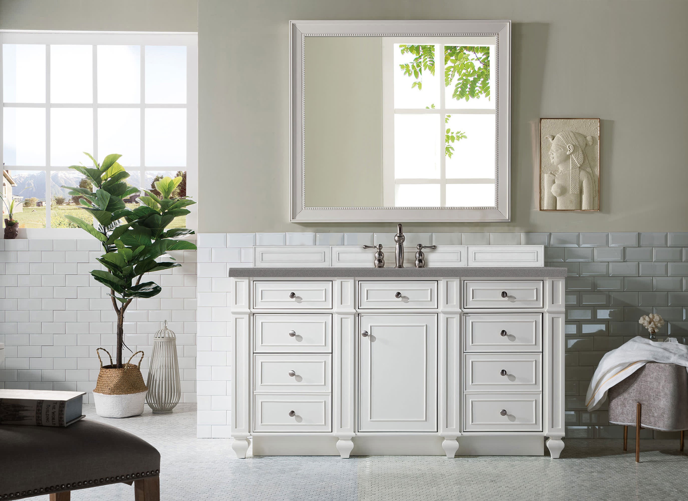 Bristol 60 Inch Single Bathroom Vanity Set with Bright White Finish & 3CM Grey Expo Quartz Countertop - Perfect for Modern Home Bathroom Renovation and Upgrade