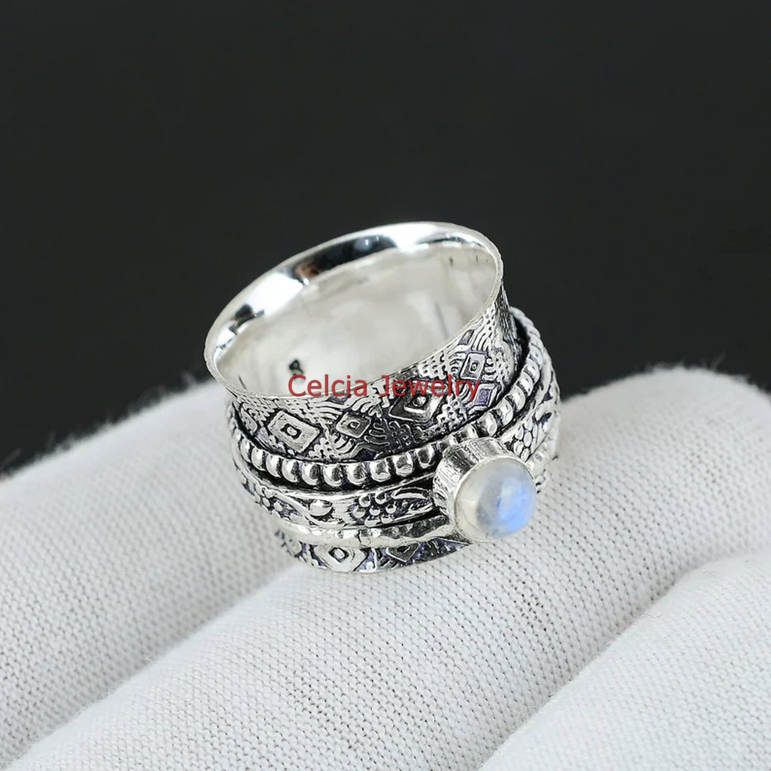 Natural Rainbow Moonstone Spinner Ring for Women & Men - June Birthstone Jewelry, Meditation & Anxiety Relief Fidget Ring, US Size 7 - Perfect for Stress Relief, Focus & Spiritual Healing