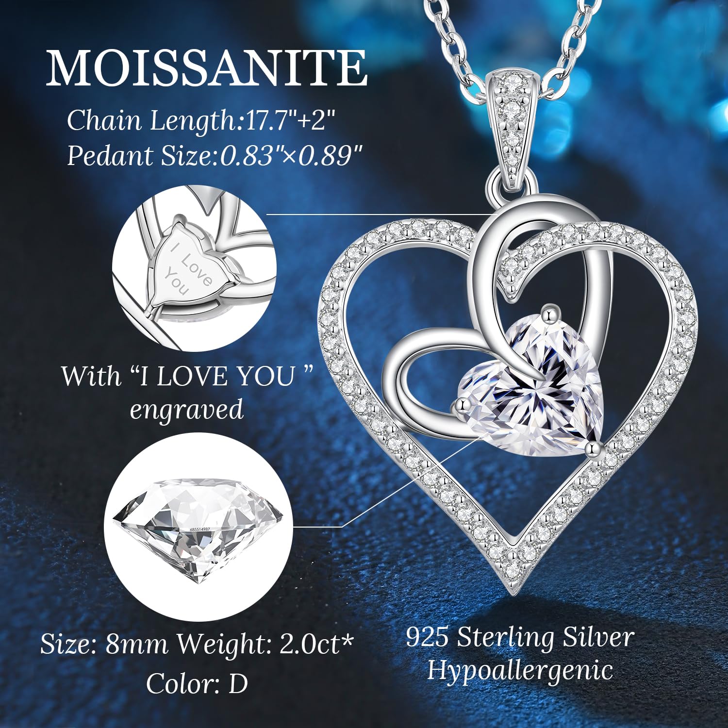 Romantic 2 Carat Moissanite Heart Necklace for Women - 925 Sterling Silver Diamond Jewelry - Perfect Birthday, Anniversary & Christmas Gift for Wife, Mom, Girlfriend - Elegant Valentine's Day & Date Night Jewelry