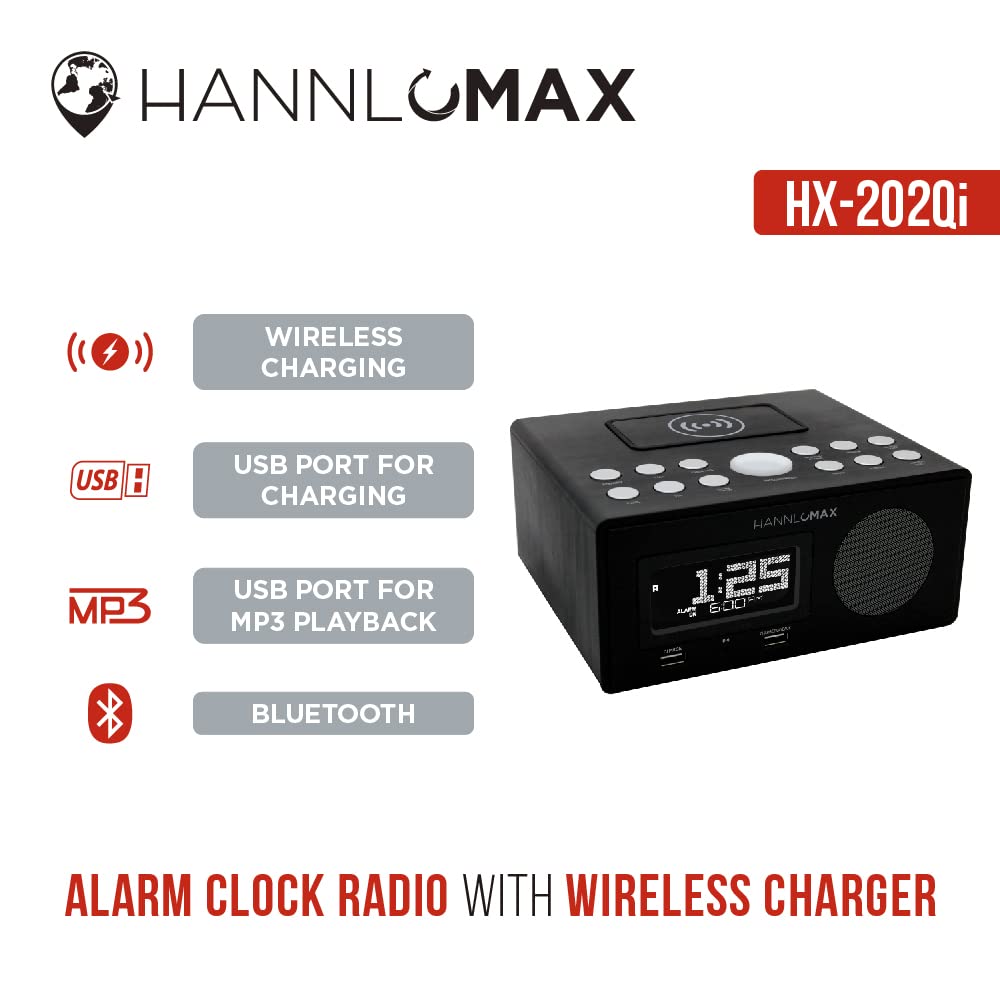 HANNLOMAX HX-202Qi Wireless Charging Alarm Clock Radio with Bluetooth, 10W Fast Charging, Dual USB Ports, Temperature Display & Nightlight - Perfect for Bedroom, Office, Travel (Black)