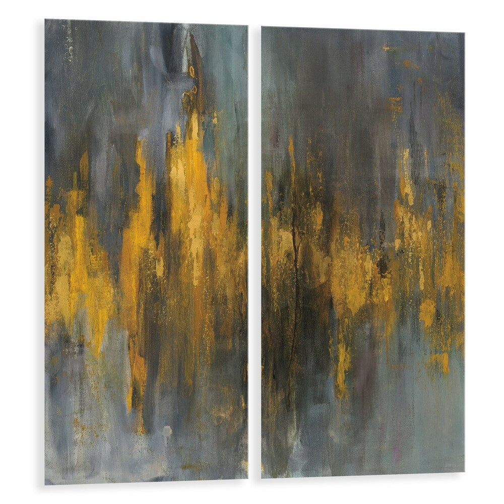 Black and Gold Abstract Diptych Acrylic Wall Art Set of 2 - 15x30 Inches Modern Canvas Painting for Living Room & Bedroom Decor