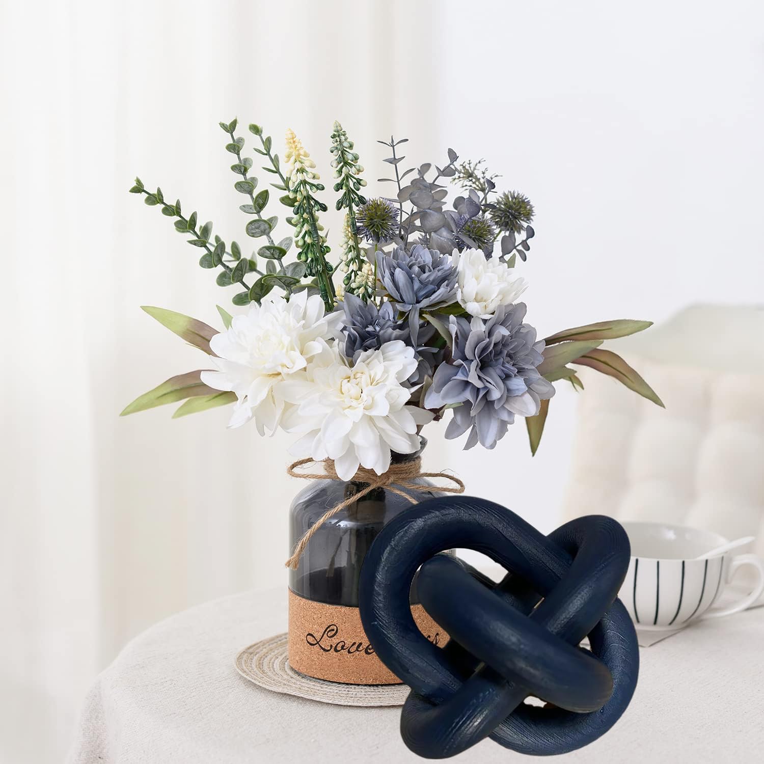Hand-Carved Wood Knot Link Chain Decor - Rustic Boho Farmhouse Coffee Table & Shelf Decorative Object for Living Room, Bedroom & Office Spaces (Blue) - Perfect for Home Decor, Wedding Centerpieces & Gift Giving