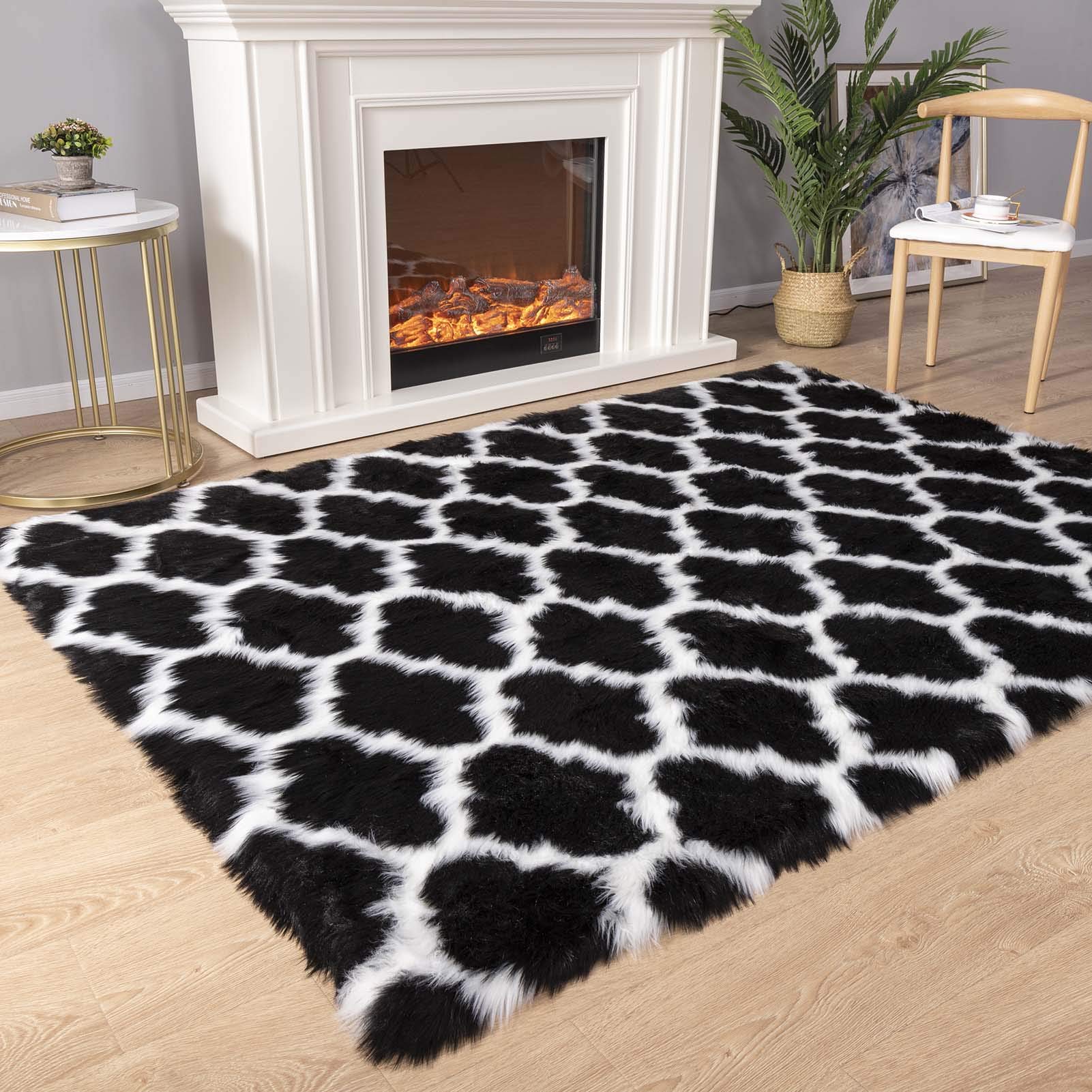 Premium Faux Sheepskin Moroccan Shaggy Rug - Ultra Soft Fluffy Area Carpet for Bedroom, Living Room & Nursery - 4x6 Feet Black with White Stripes - Cozy Floor Mat for Winter Warmth & Home Decor