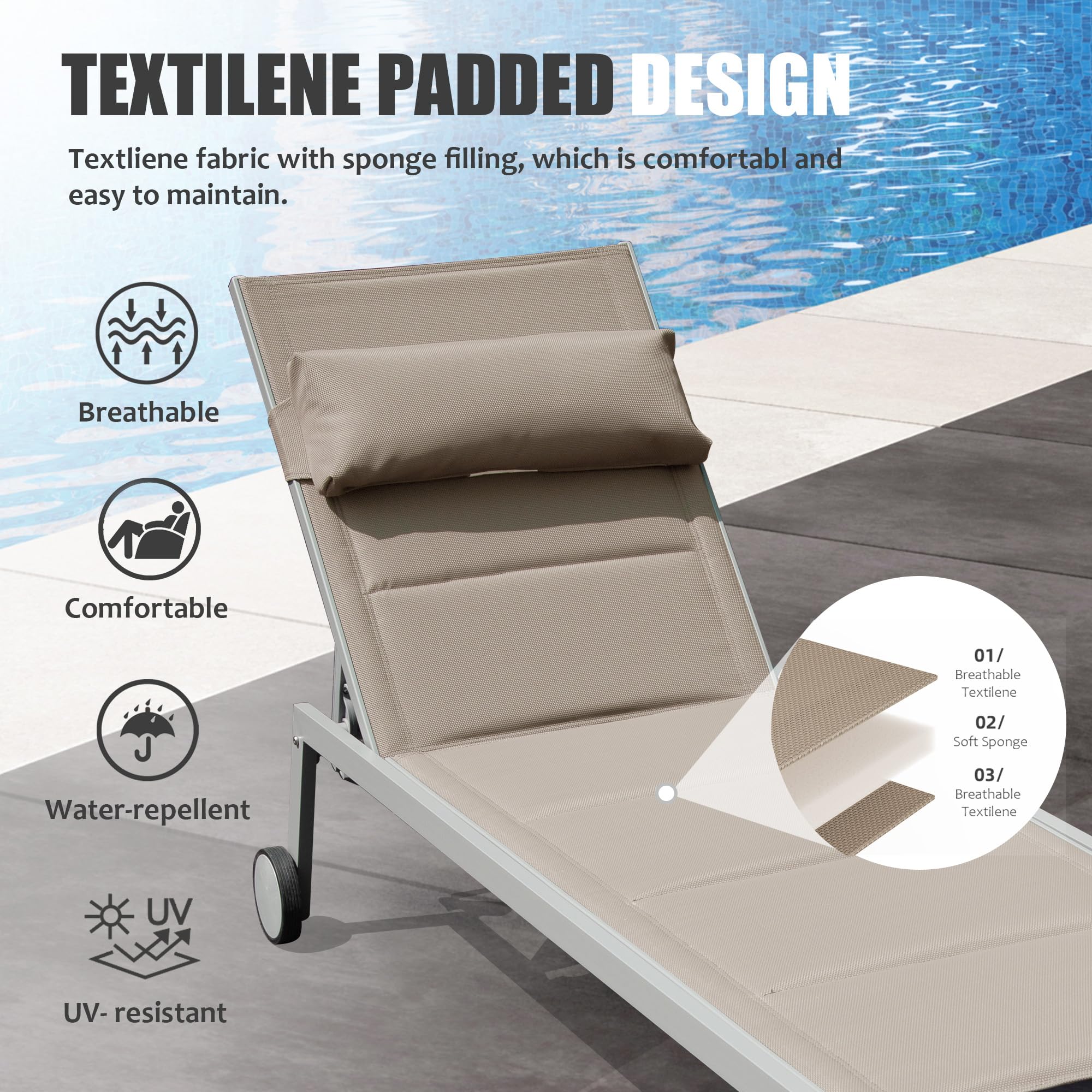 Domi Patio 3-Piece Chaise Lounge Set with Adjustable Recliner, Textilene Padded Aluminum Pool Lounge Chairs & Side Table - All-Weather Outdoor Furniture for Backyard, Deck, Poolside, Beach, and Garden Use