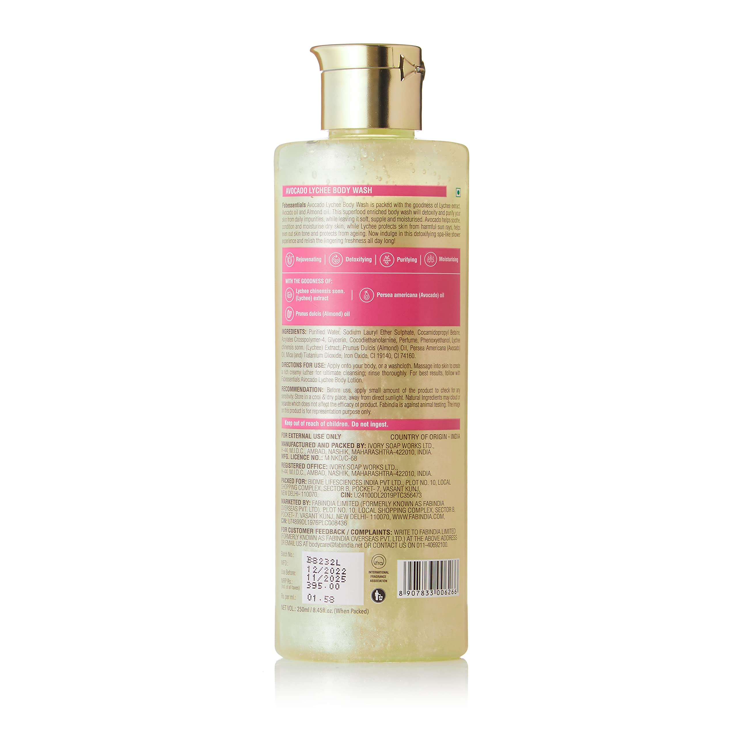 Fabessentials Avocado Lychee Body Wash - 250ml | Almond Oil Infused | Detoxifying & Purifying Body Wash for Daily Skin Cleansing | Rejuvenating & Moisturizing Body Lotion with Deep Nourishment & Skin Brightening | Perfect for Shower, Spa & Daily Skincare Routine