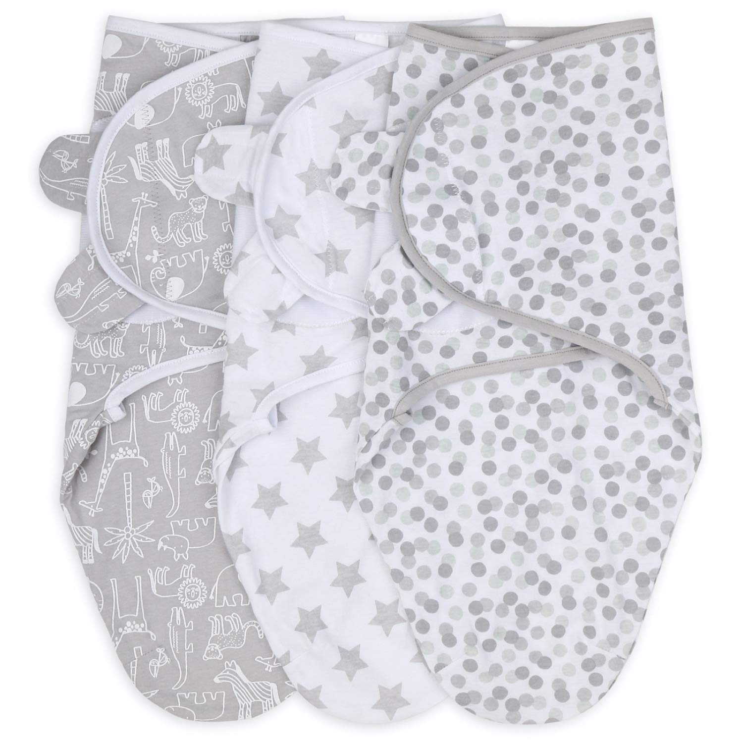 Peanutshell Baby Swaddle Blankets 3-Pack - Soft Grey Safari Animals & Stars Design for Newborns (Medium/Large) - Perfect for Sleeping, Swaddling & Nursery Comfort
