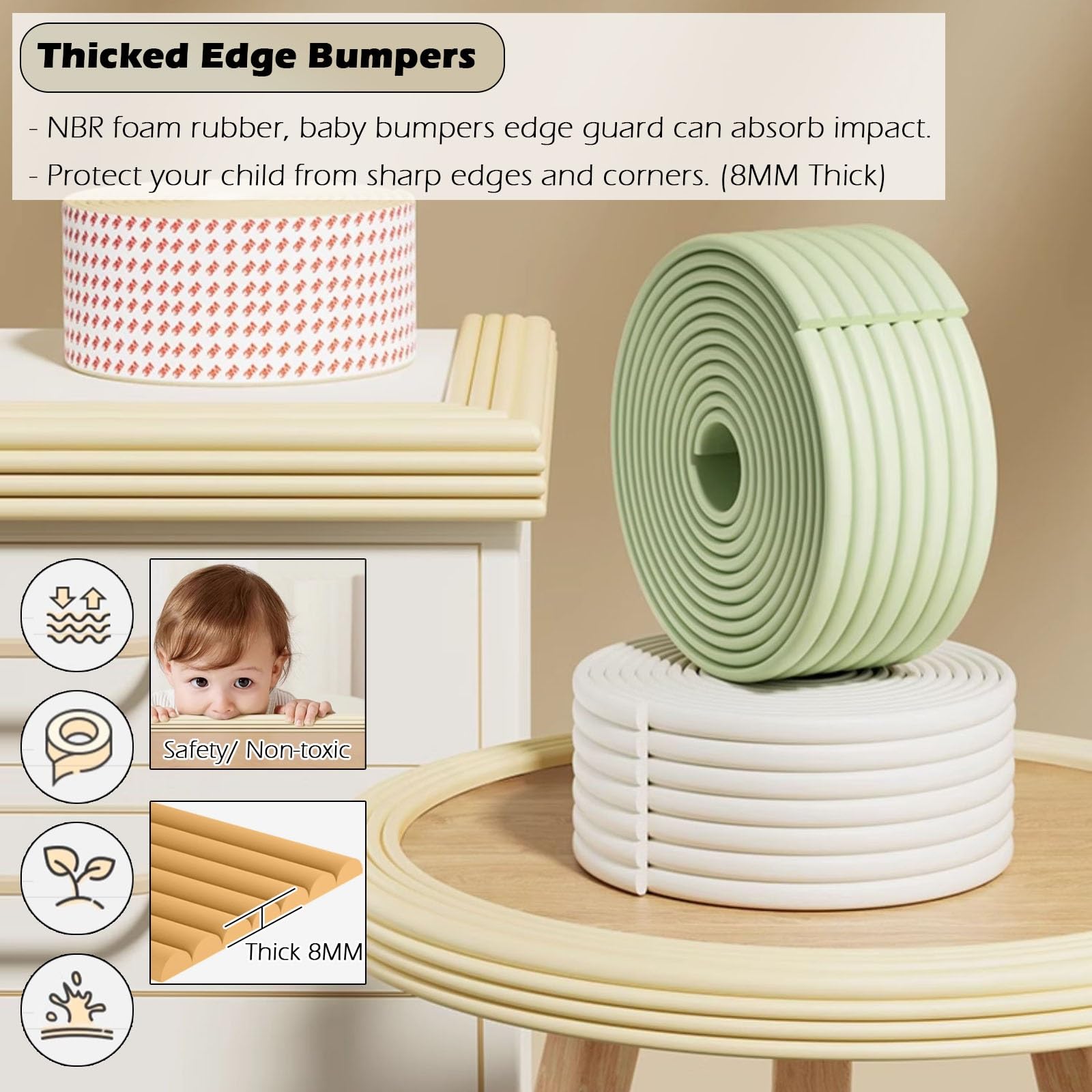 3 Inch Extra Wide Foam Edge Protector Stick - Furniture Bumper Guard for Cabinet, Oven, Table & Baby Crib (White/Green) | Anti-Collision Safety Padding for Bunk Bed Steps & Sharp Corners | Home & Office Protection Solution