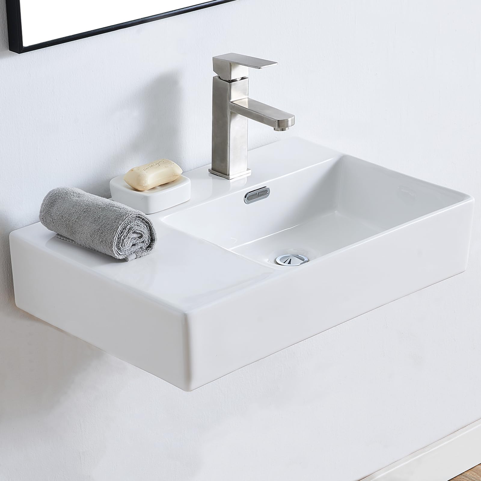 IKEBANA 24x17 Inch Wall Mounted Bathroom Sink - Modern Ceramic Floating or Countertop Vessel Lavatory Sink for Powder Room, Guest Bath & Small Spaces | Right Side Drain | White Rectangular Design