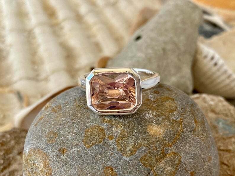 2.3ct Radiant Cut Peach Morganite Solitaire Ring - Bezel Set in White Gold Plated for Women | Elegant Engagement, Wedding, Anniversary & Gift Jewelry