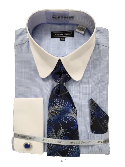 AVANTI UOMO Men's Monotone Glen Check Round White Collar & Cuff Dress Shirt DN131M Blue - Formal Office Wear & Business Attire