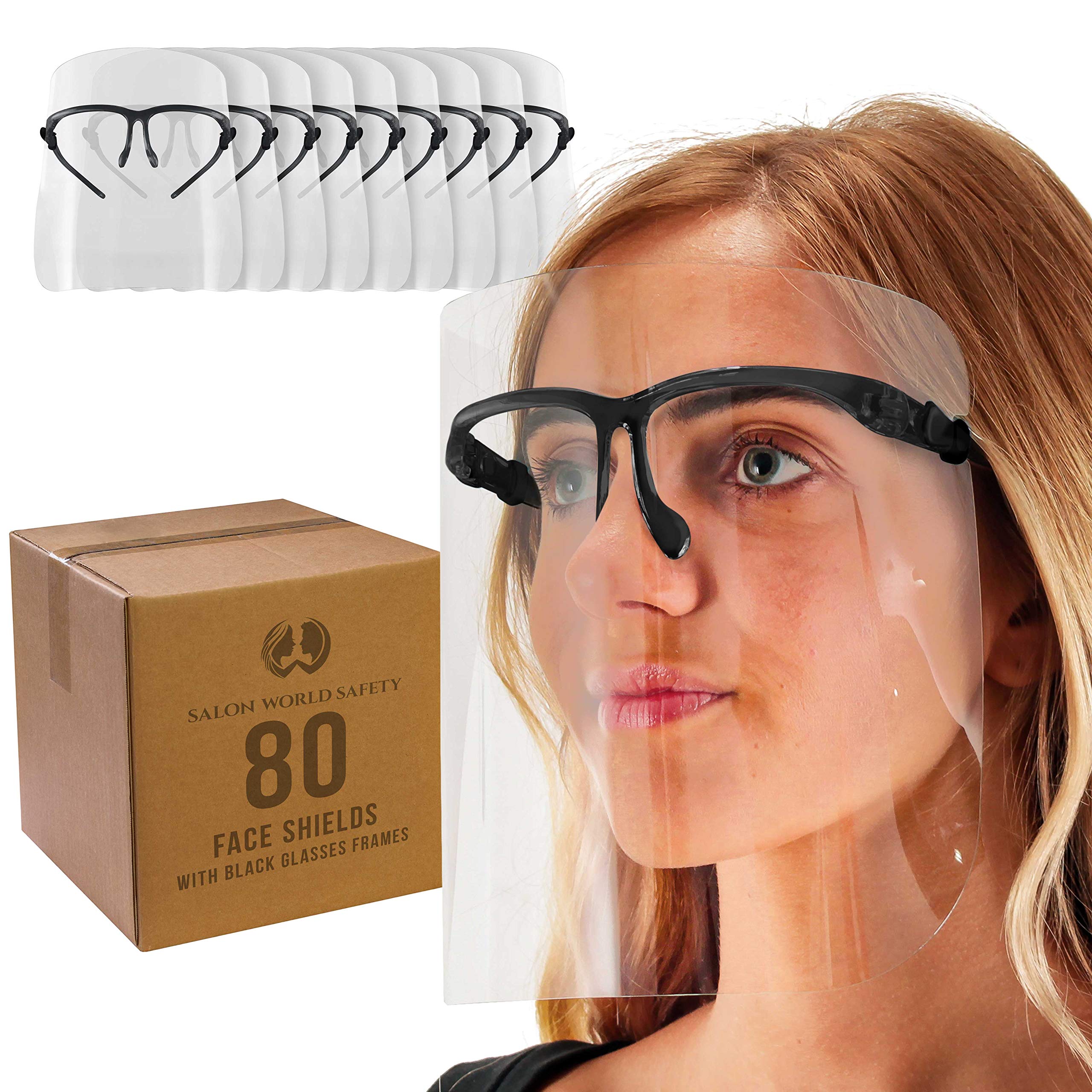 TCP Global Salon World Safety Face Shields with Black Glasses Frames (20 Packs of 4) - Ultra Clear Full Face Protection for Eyes, Nose & Mouth - Anti-Fog PET Plastic Face Shield Goggles - Ideal for Salons, Healthcare & Industrial Work Safety