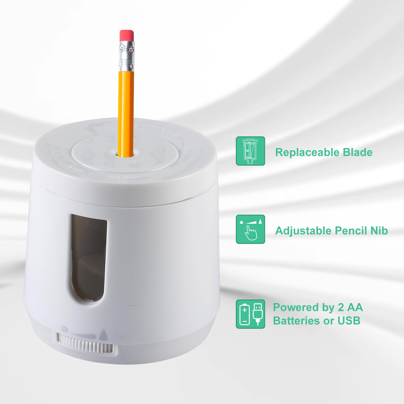 Bocyteopr Automatic Electric Pencil Sharpener - USB & Battery Powered Adjustable Sharpener for Colored Pencils (6-8mm) - Perfect for School, Classroom, Office & Home Use (White)