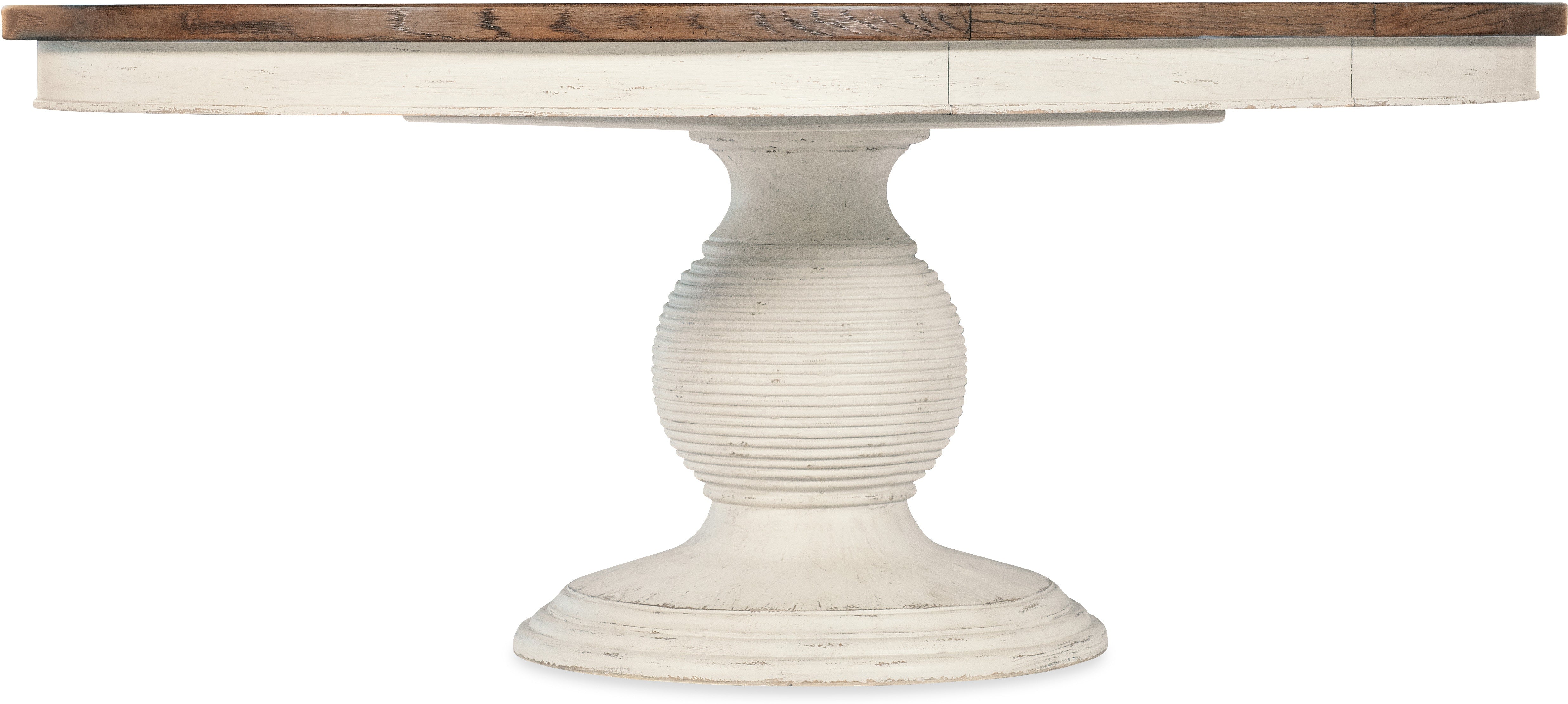 Americana Round Pedestal Dining Table with 22-inch Extension Leaf in White, Cream & Beige - Perfect for Small Space Dining Rooms & Kitchen Breakfast Nooks
