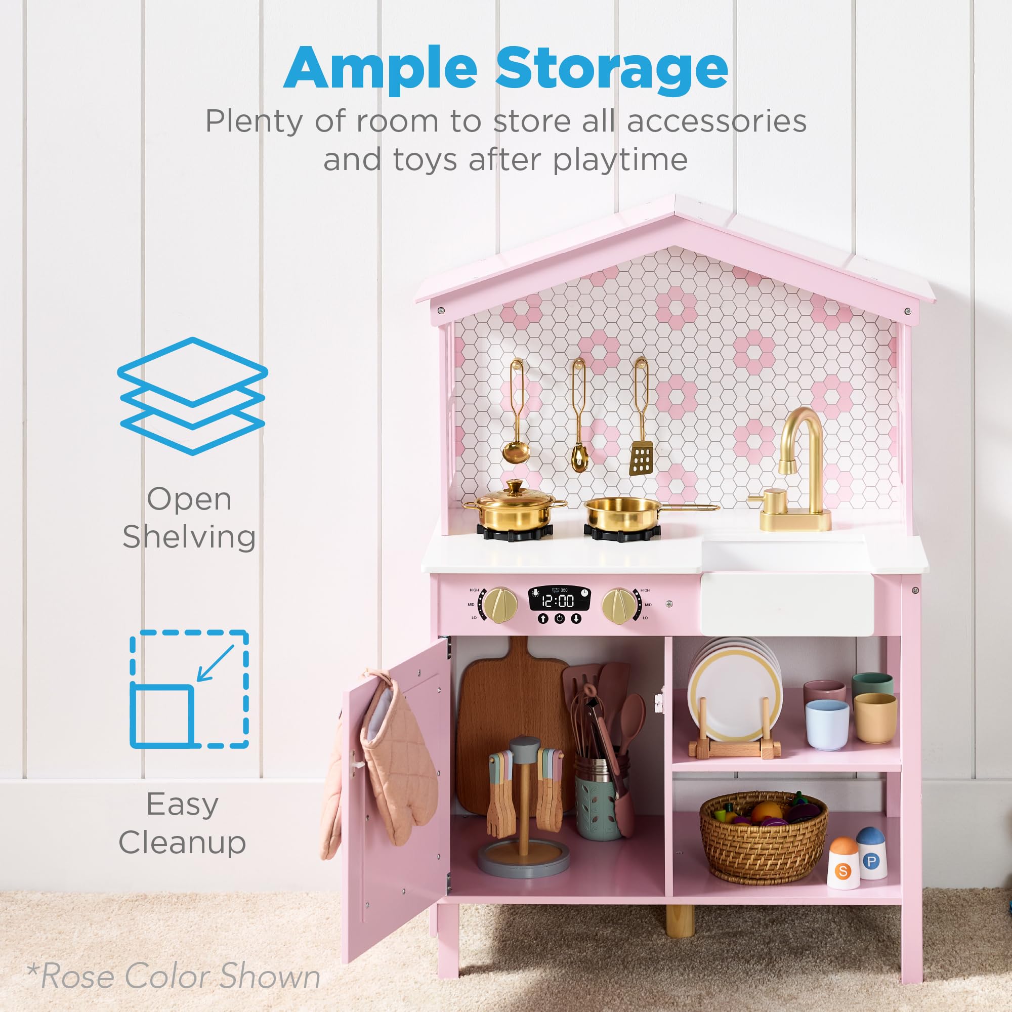 Best Choice Products Wooden Farmhouse Pretend Play Kitchen Set for Kids - Toy Storage, Clicking Knobs, Windows & 5 Accessories - Beveled White | Perfect for Imaginative Play, Preschool Learning & Toddler Role-Playing Games