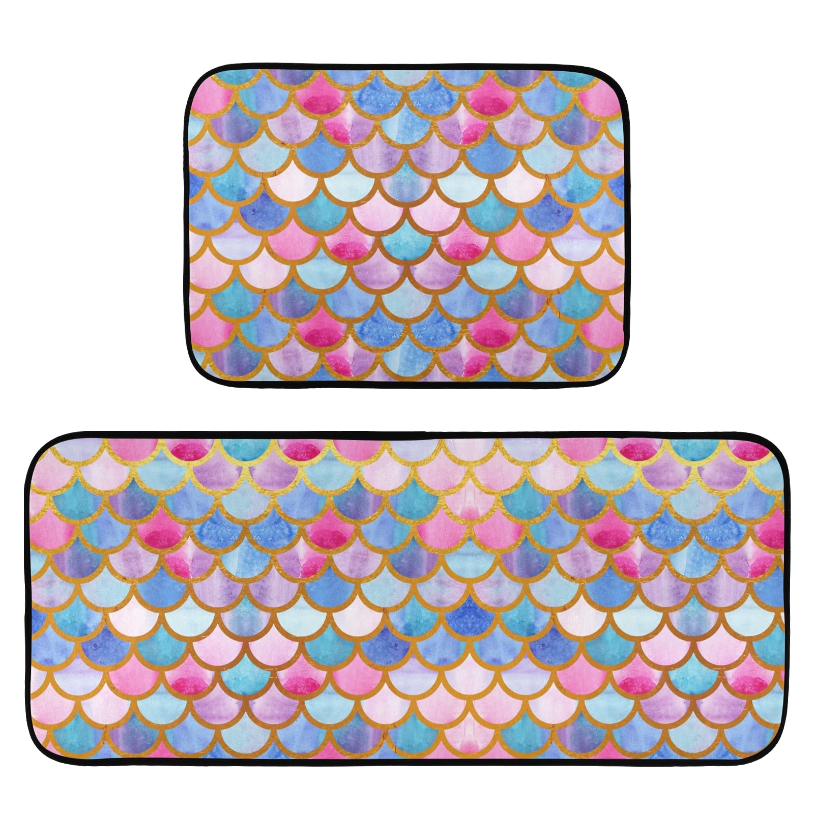 Ocean Mermaid Scales Non-Slip Kitchen Rugs Set of 2 - Washable Floor Mats for Kitchen & Laundry