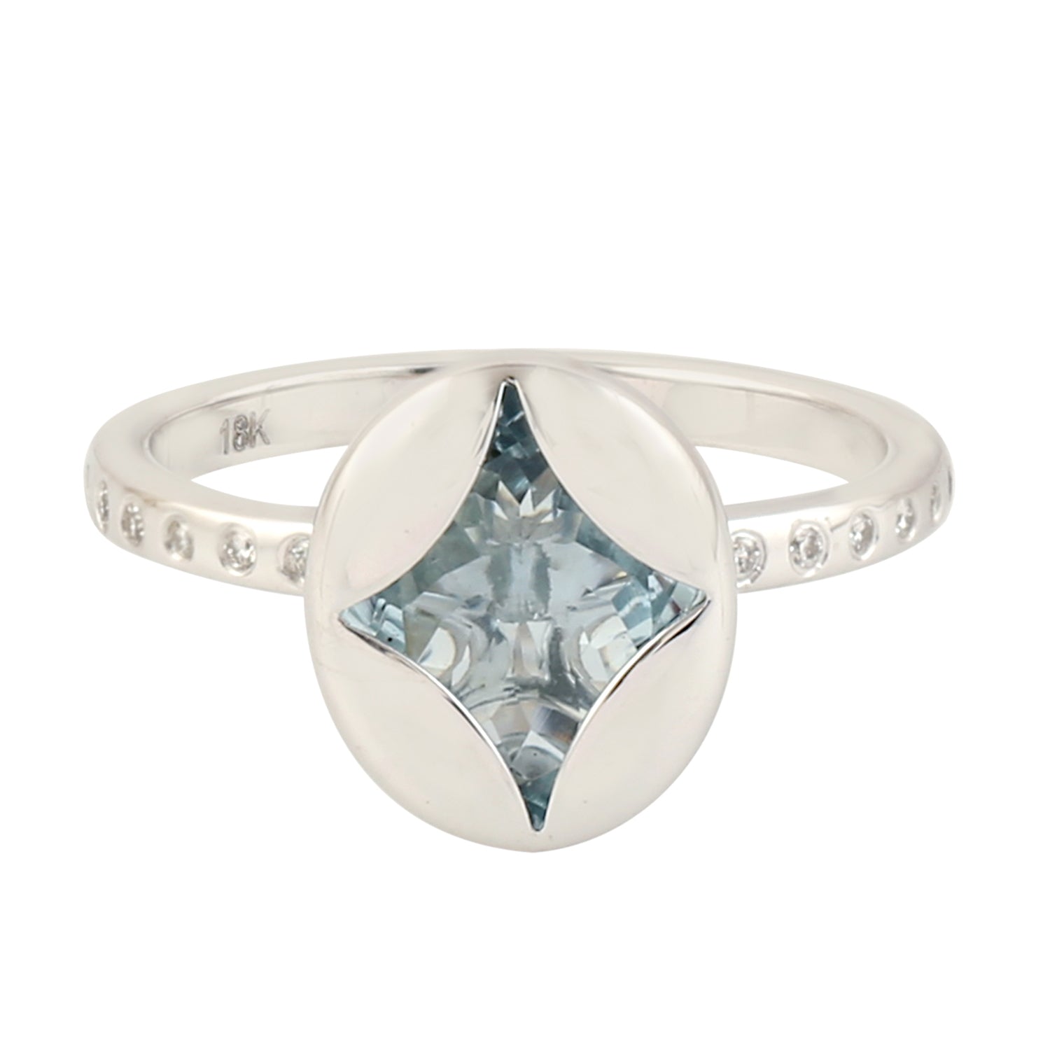 18K White Gold Aquamarine Flush Setting Ring with Pave Diamond Accents | Elegant Women's Jewelry Gift for Anniversary, Engagement & Special Occasions