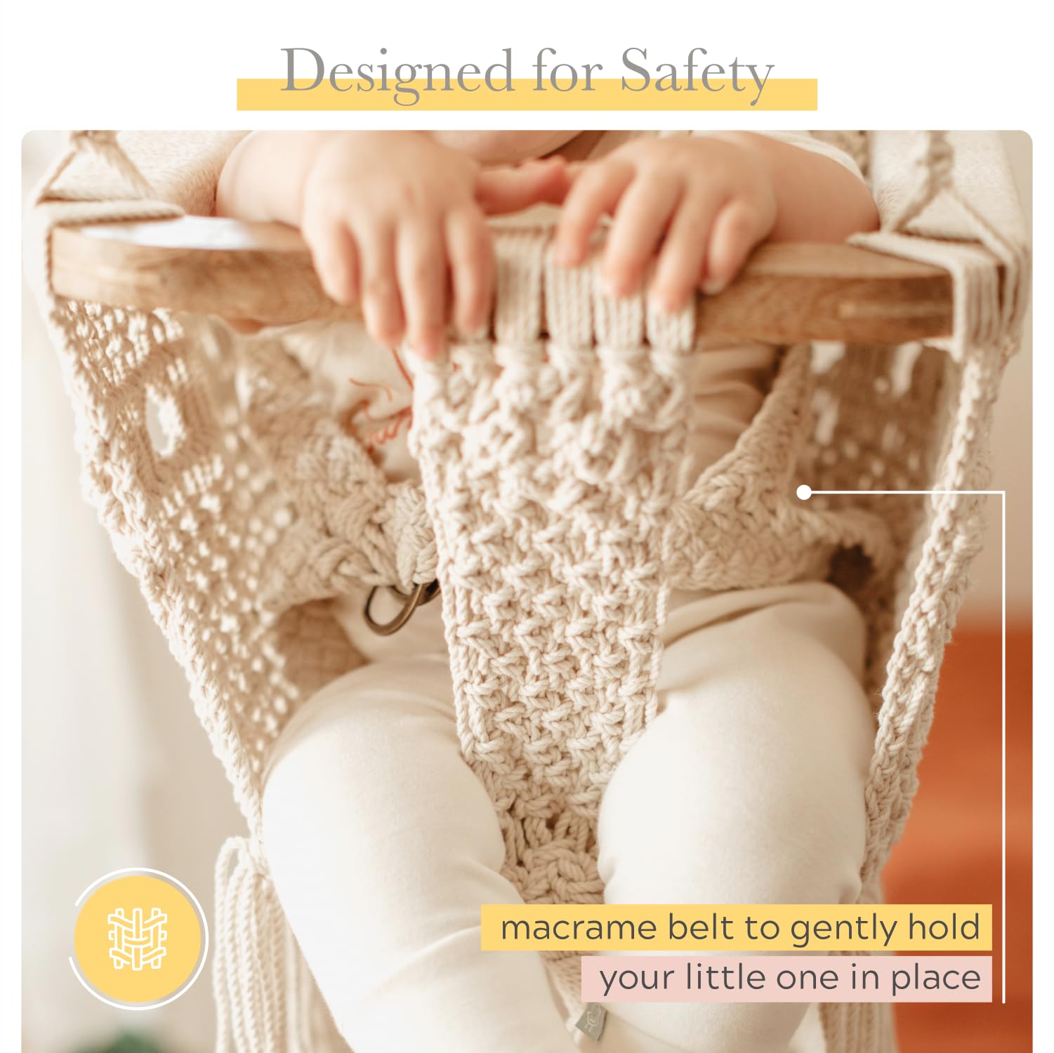 Finn + Emma Handmade Organic Cotton Macrame Baby Swing - Safe & Stylish Nursery Hanging Seat with Solid Wood Bar - Perfect for Newborns, Infants & Nursery Decor - Ideal for Playrooms, Bedrooms & Indoor Relaxation