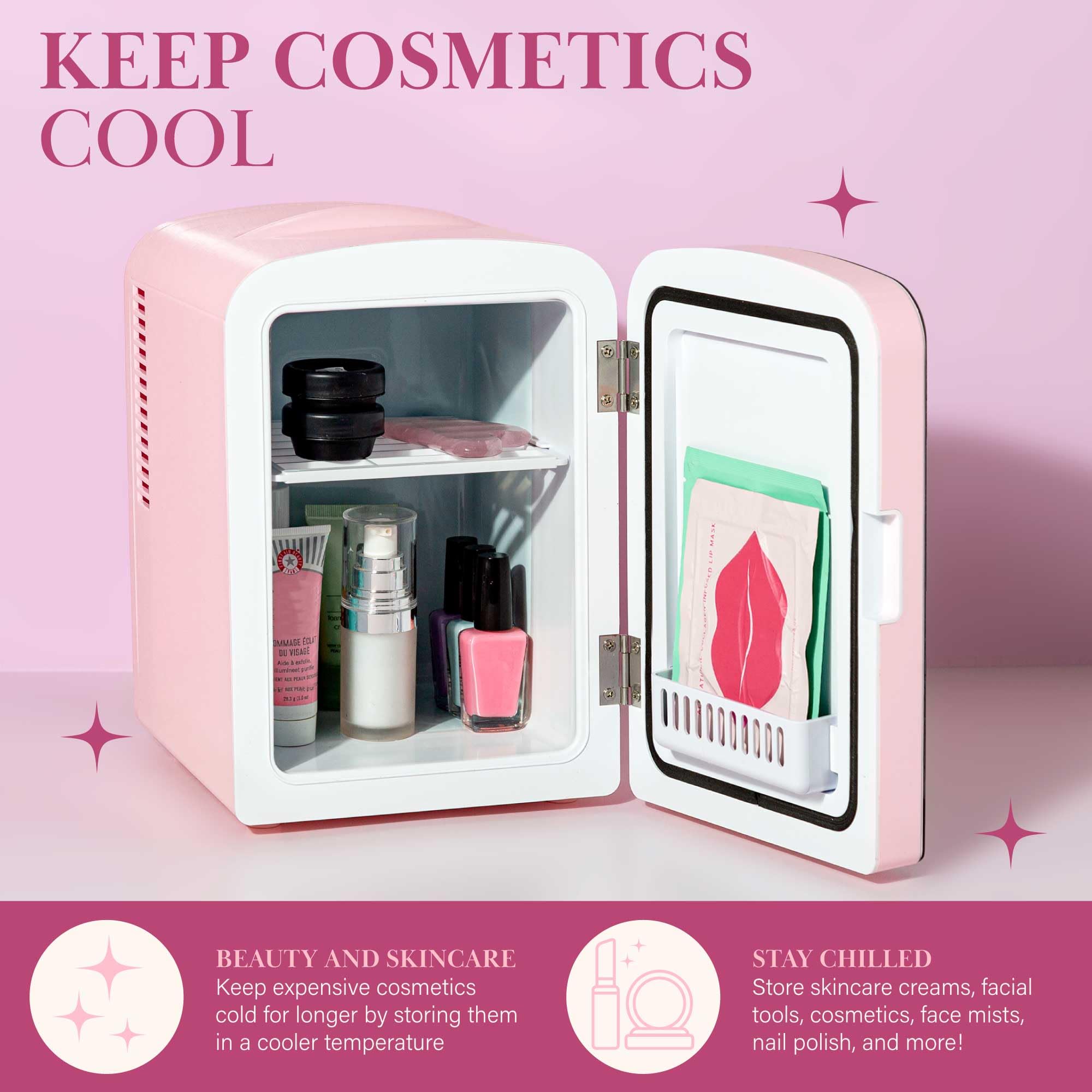 Paris Hilton Mini Beauty Fridge - 4L Pink Cosmetic Cooler with LED Mirror for Skincare Storage at Home