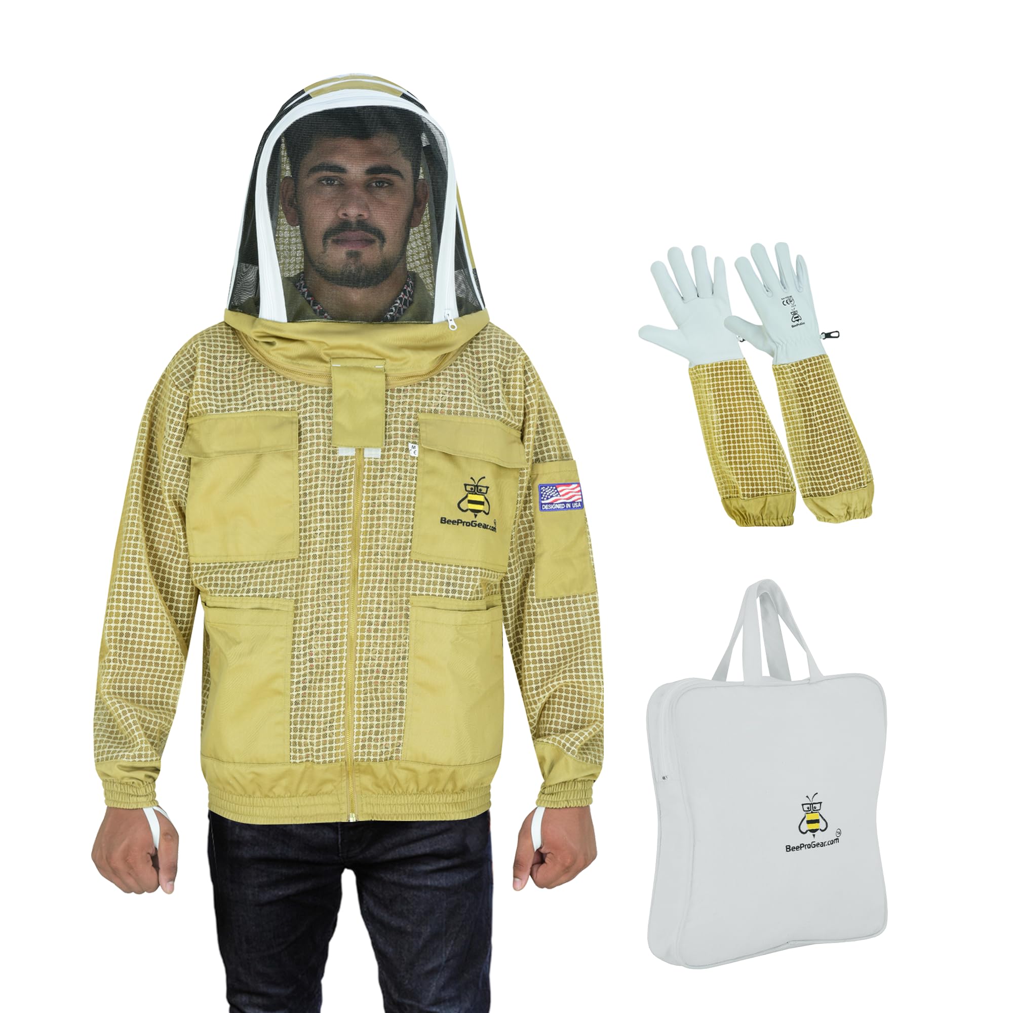 BeeProGear 3-Layer Ultra Mesh Beekeeping Jacket with Fencing Veil & Sting-Proof Leather Gloves - Unisex Protective Suit for Beekeepers (Brown, X-Small) | Ideal for Honey Harvesting, Hive Inspection & Outdoor Beekeeping Activities