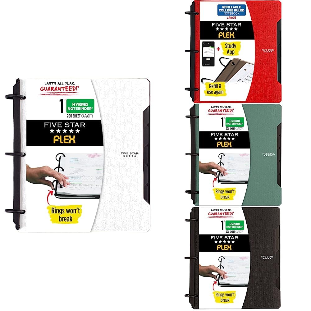 5-Star Flex Hybrid NoteBinders 4 Pack - 1 Inch All-in-One Notebook & Binder Set in Black, White, Red & Green (29328AE2) | Perfect for School, Office & Home Organization