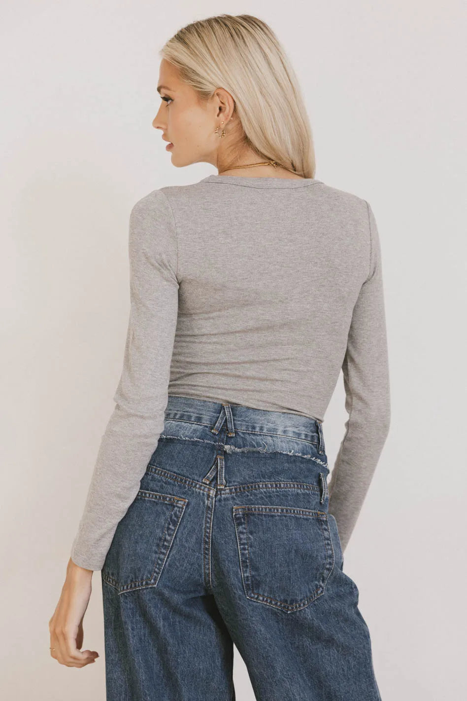 Audrey Ribbed Top in Grey - Women's Slim Fit Knit Shirt for Casual & Office Wear - FINAL SALE