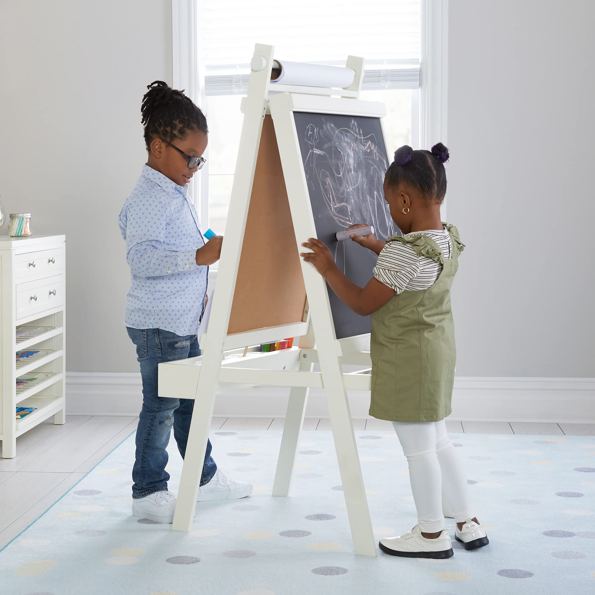 Martha Stewart Kids' Double-Sided Wooden Art Easel - Chalkboard & Whiteboard with Paper Roll, Paint Cups & Storage | Creative Drawing & Painting Station for Toddlers 3+ | Perfect for Home, Classroom & Preschool Activities
