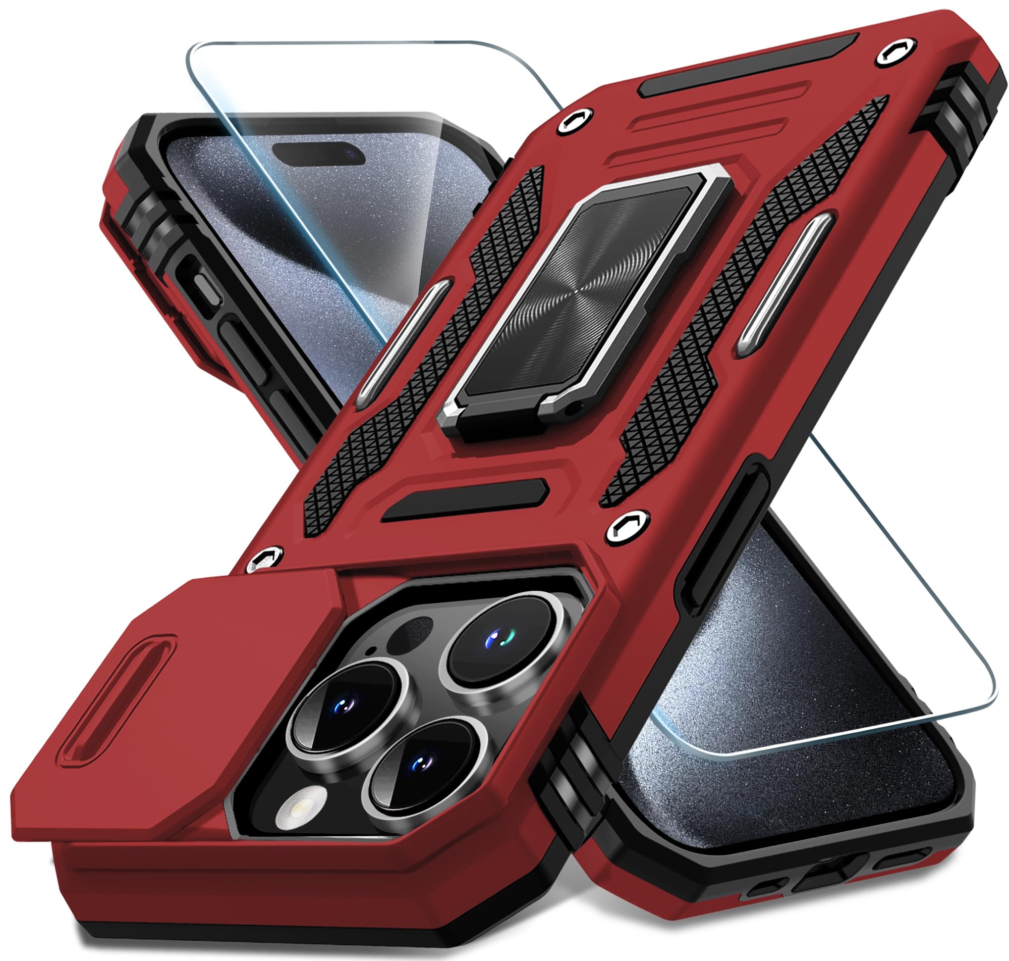 DEERLAMN iPhone 15 Pro Case with Slide Camera Cover & Screen Protector (6.1 Inch) - Military Grade Shockproof Protective Cover with Rotating Ring Kickstand - Red | Perfect for Outdoor Activities, Travel & Daily Protection