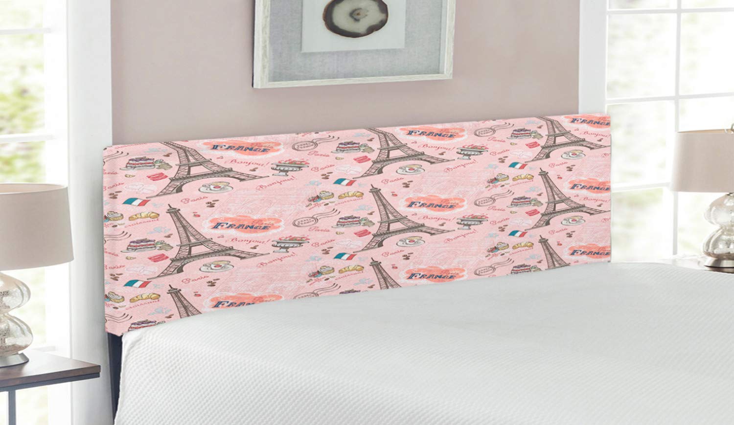 Ambesonne Paris Upholstered Headboard - Romantic French Design with Memory Foam, Queen Size Decorative Metal Bed Frame in Multicolor | Perfect for Bedroom Decor & Guest Room Upgrade