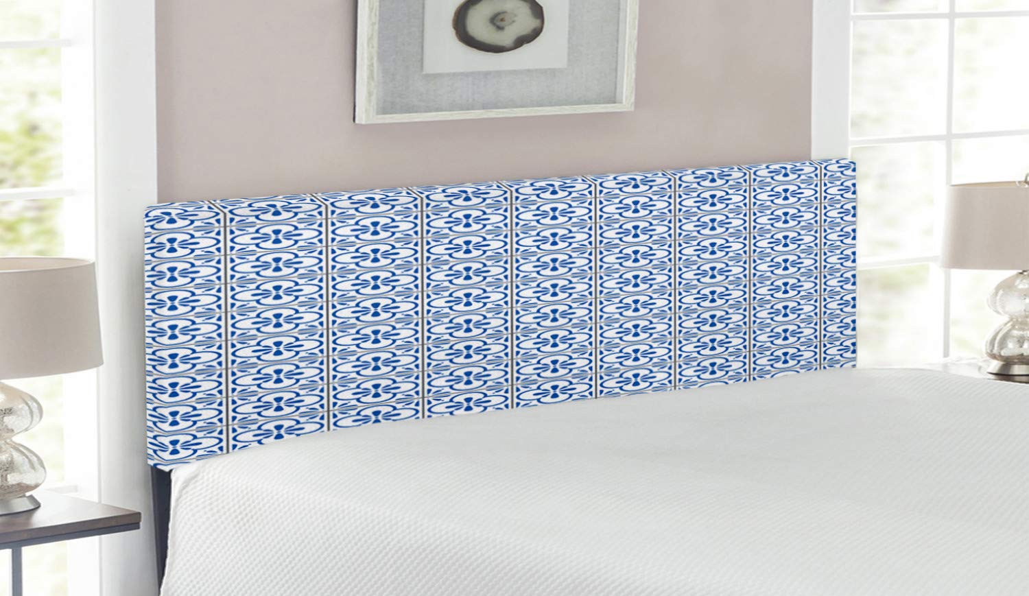 Lunarable Portuguese Upholstered Headboard - Antique Medieval Floral Mosaic in Checkered Square Frames, Queen Size Bed Headboard with Memory Foam, Navy Blue Grey & White - Perfect for Bedroom Decor, Master Suite Upgrade & Vintage Style Home Interiors