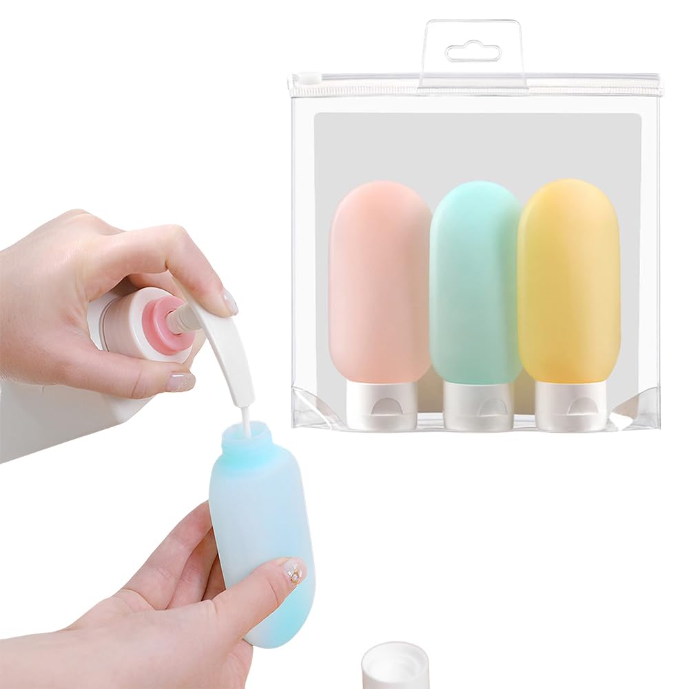 Fapiwen 3Pcs 60ml Leak Proof Silicone Travel Bottles for Toiletries - Refillable Squeeze Containers for Shampoo, Lotion & Cosmetics - Perfect for Airplane Carry-On, Gym Bag & Vacation Essentials (Multicolor)