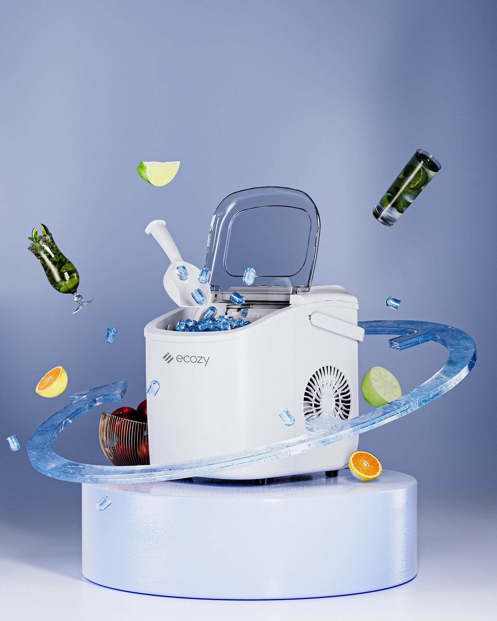 Ecozy Portable Countertop Ice Maker - Fast 9 Ice Cubes in 6 Minutes, 26 lbs Daily Output, Self-Cleaning with Ice Bags, Scoop & Basket - Perfect for Kitchen, Office, Bar, Party & Outdoor Gatherings - White