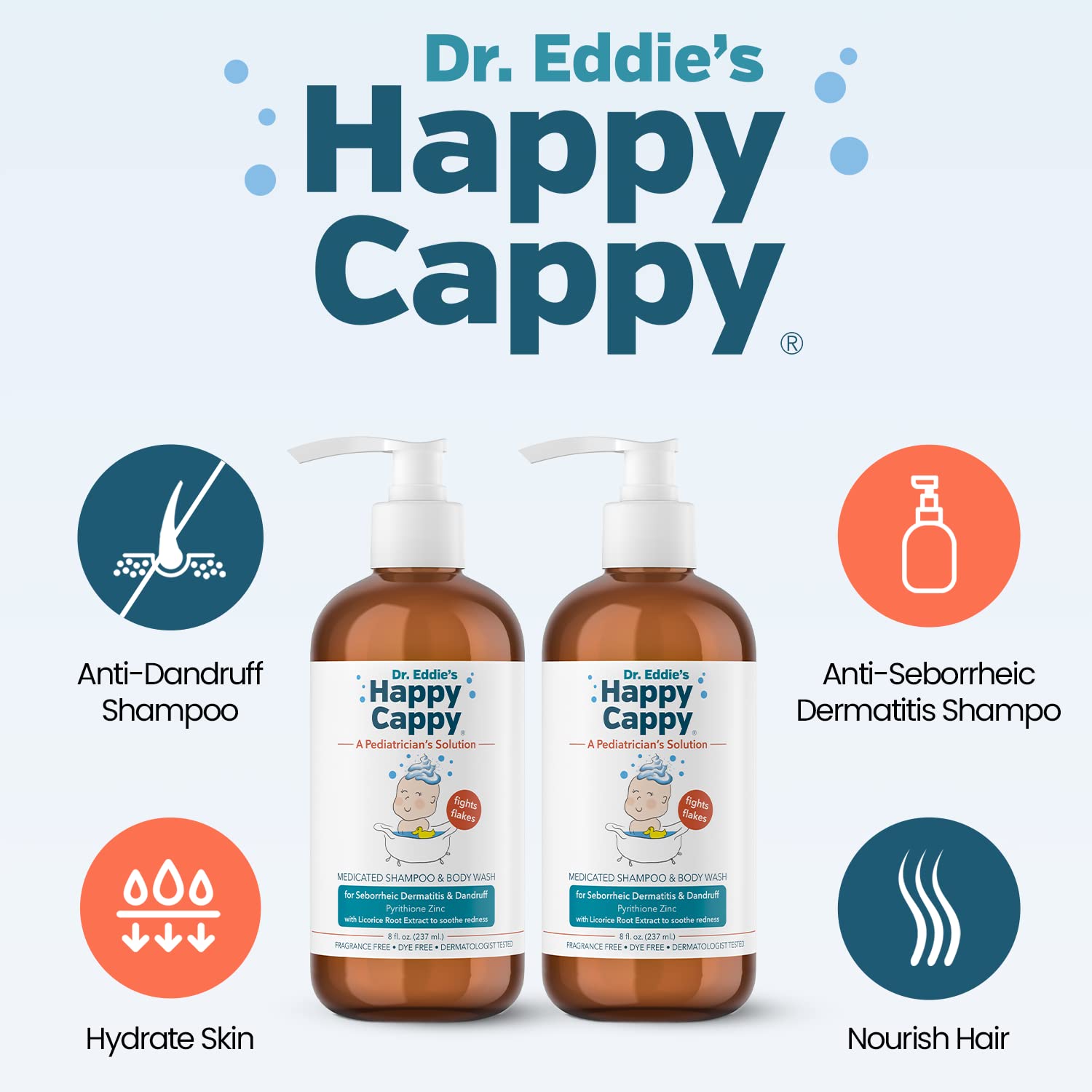 Happy Cappy Dr. Eddie’s Medicated Shampoo & Body Wash for Babies - Cradle Cap & Seborrheic Dermatitis Treatment, Reduces Redness & Flakes, Fragrance-Free, Dermatologist Tested - 8 Fl Oz (Pack of 2) - Gentle Daily Wash for Newborns & Sensitive Skin