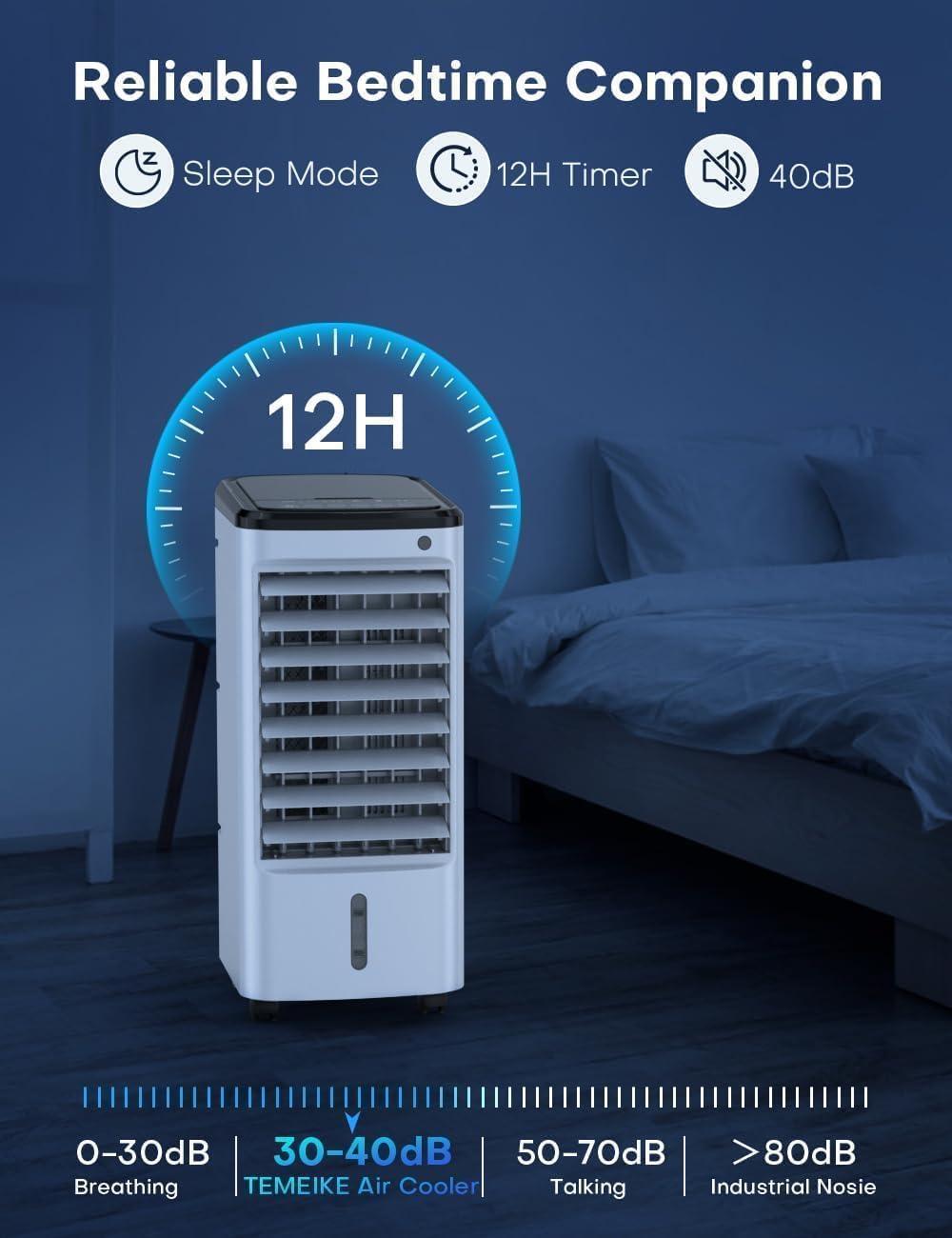 TEMEIKE Portable Evaporative Air Cooler - 3-Speed Windowless AC with 12H Auto-Off Timer, 6 Ice Packs & Smart Remote - Dual Tank Swamp Cooler for Bedroom, Office, Living Room & Outdoor Use