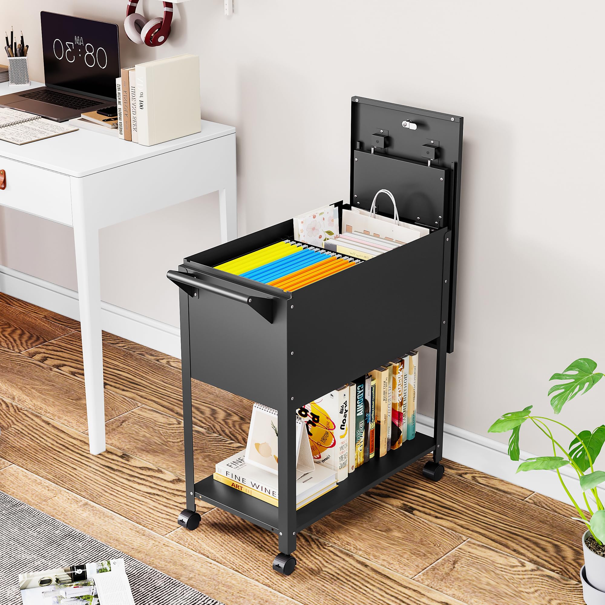 Black Metal Rolling File Cart with Wheels - Hanging File Organizer Cabinet for A4/F4/Letter/Legal Size Documents - Mobile Office Storage Solution for Home & Office Workspace Organization