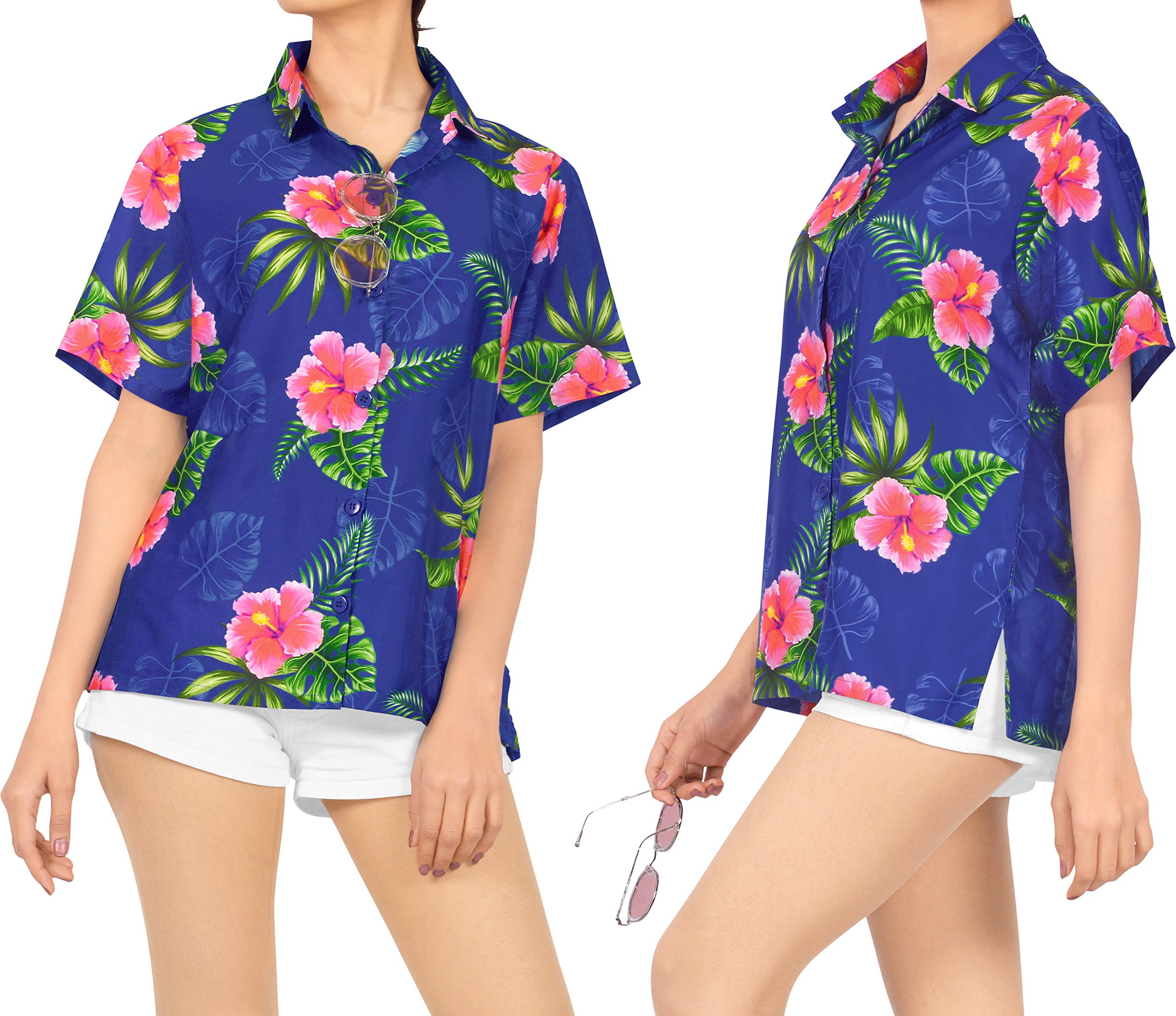 Happy Bay Women's Hawaiian Beach Short Sleeve Blouse - Tropical Floral Print Vacation Shirt for Summer, Beach Party, Luau, and Casual Outings