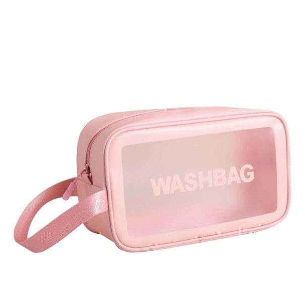 Waterproof PVC Travel Toiletry Bag for Women - 16cm Clear Cosmetic Makeup Organizer Case, Portable Wash Bag for Business Trips & Bathroom Essentials (Medium, Pink) - Perfect for Air Travel, Gym & Daily Use