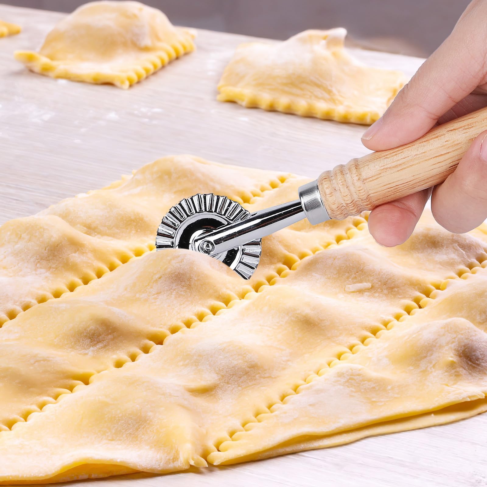SHANGSKY Pastry Cutter Wheel with Long Wooden Handle - Stainless Steel Ravioli & Pasta Cutter for Dumplings, Noodles, Cookies & Pie Dough - Professional Kitchen Dough Cutting Tool for Baking & Cooking
