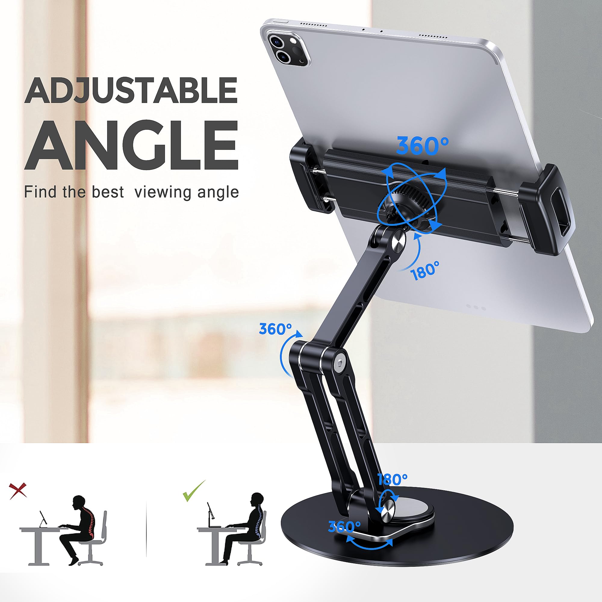 Adjustable 360° Rotating Aluminum Tablet Stand Holder for iPad - Compatible with iPad Air/Mini/Pro 11/13, 10.2/9.7 inch Models - Perfect for Desk, Office, Home & Bedroom Use (Black)