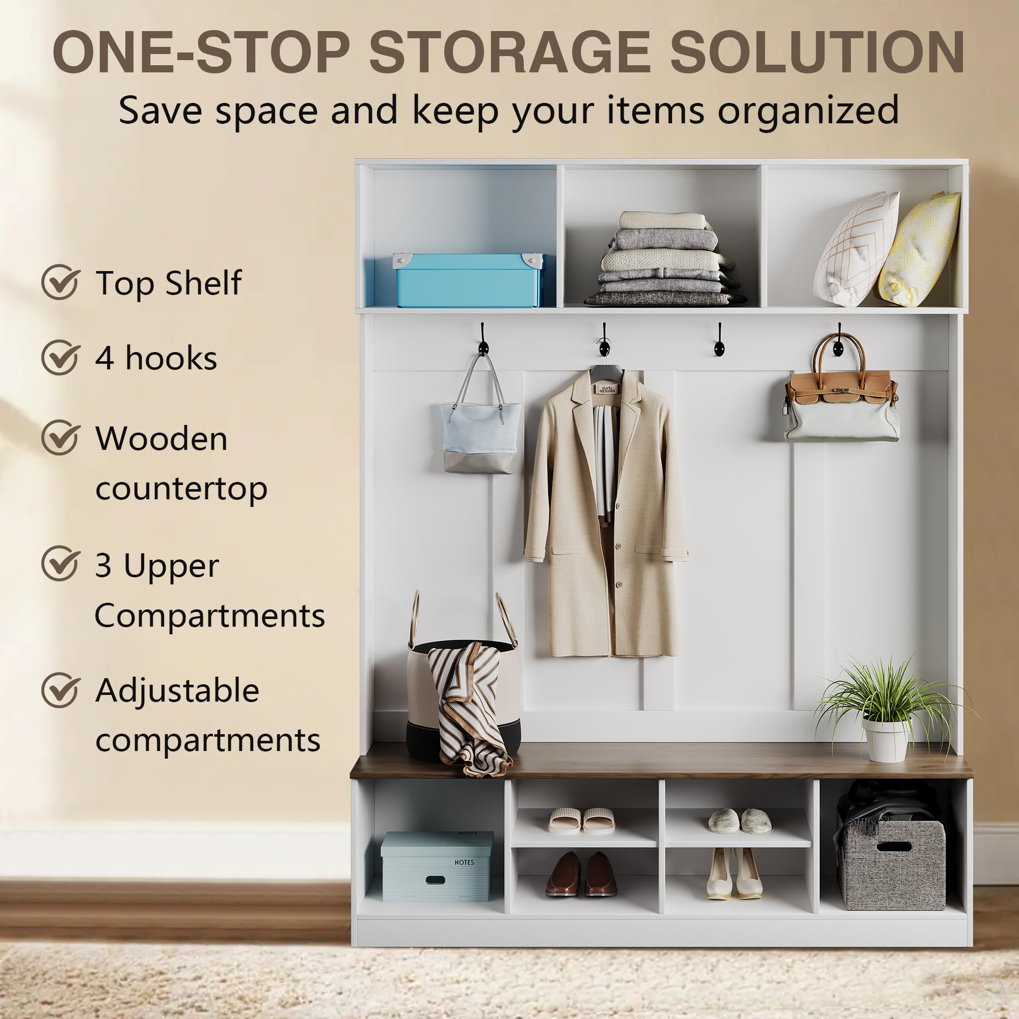 HAOBO Entryway Hall Tree with Bench & Shoe Storage - Adjustable Coat Rack, Open Shelves & Hanging Hooks - Perfect for Mudroom, Hallway & Home Organization - Space-Saving Entry Cabinet for Coats, Shoes & Accessories