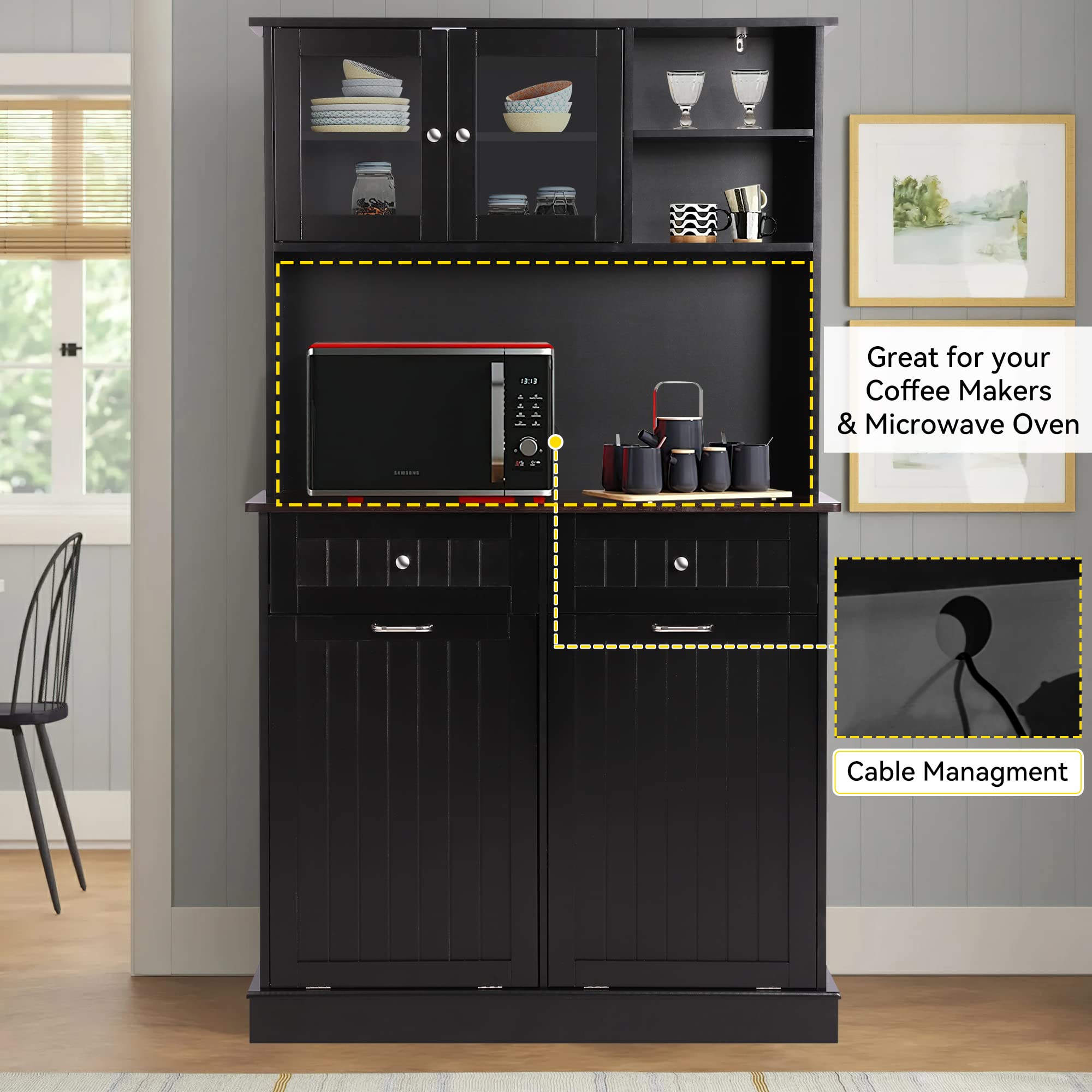 **Tall Freestanding Kitchen Pantry Storage Cabinet with Microwave Shelf & Tilt-Out Trash Bin - Classic Black - Perfect for Small Kitchens & Pantry Organization**