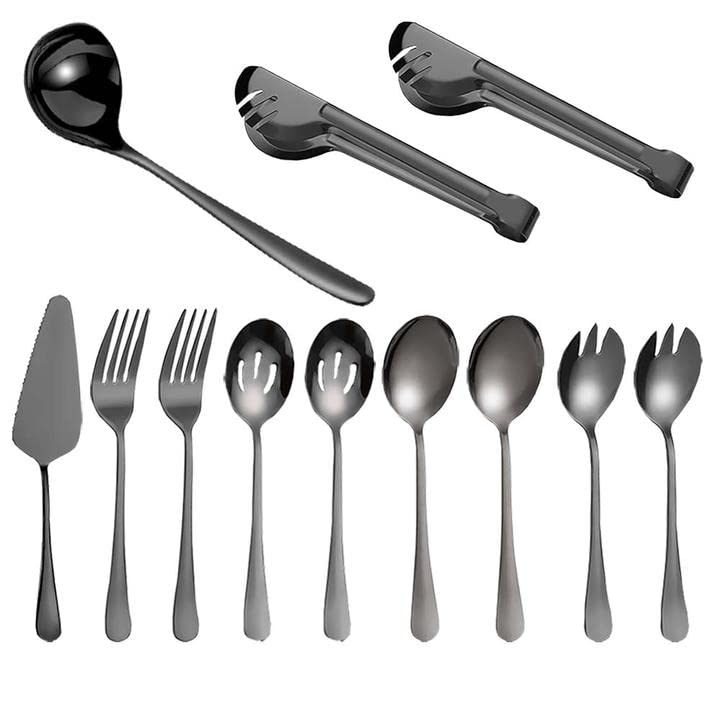 12-Piece Stainless Steel Flatware Serving Set - Black - Includes Spatula, Ladle, Buffet Tongs, Salad Forks, Dinner Spoons & Perforated Spoons - Perfect for Restaurants, Catering & Home Entertaining
