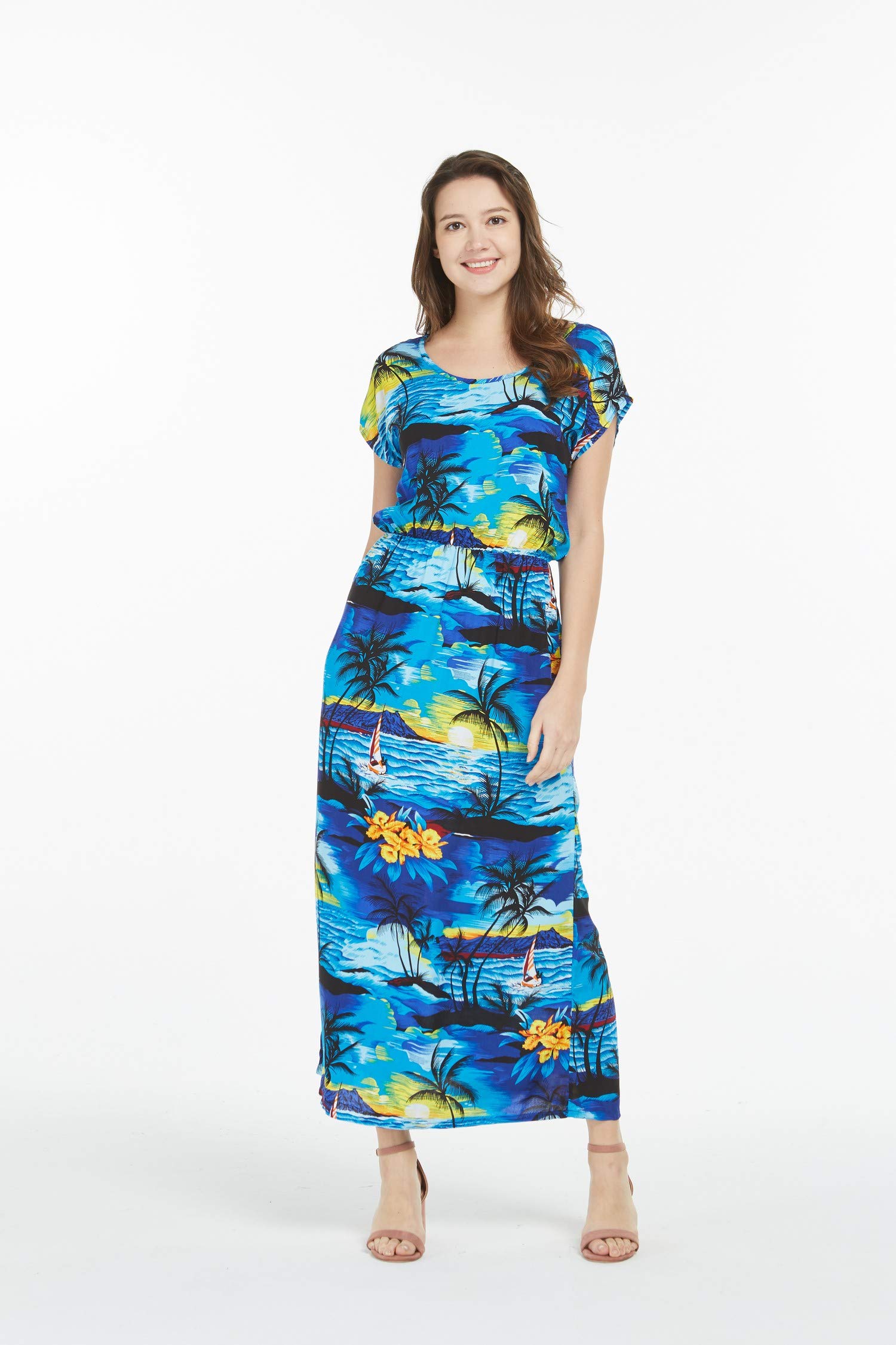 Women's Hawaiian Luau Cap Sleeve Maxi Dress - Floral Print Beach Sunset Design | Perfect for Summer Vacations, Beach Parties & Tropical Getaways