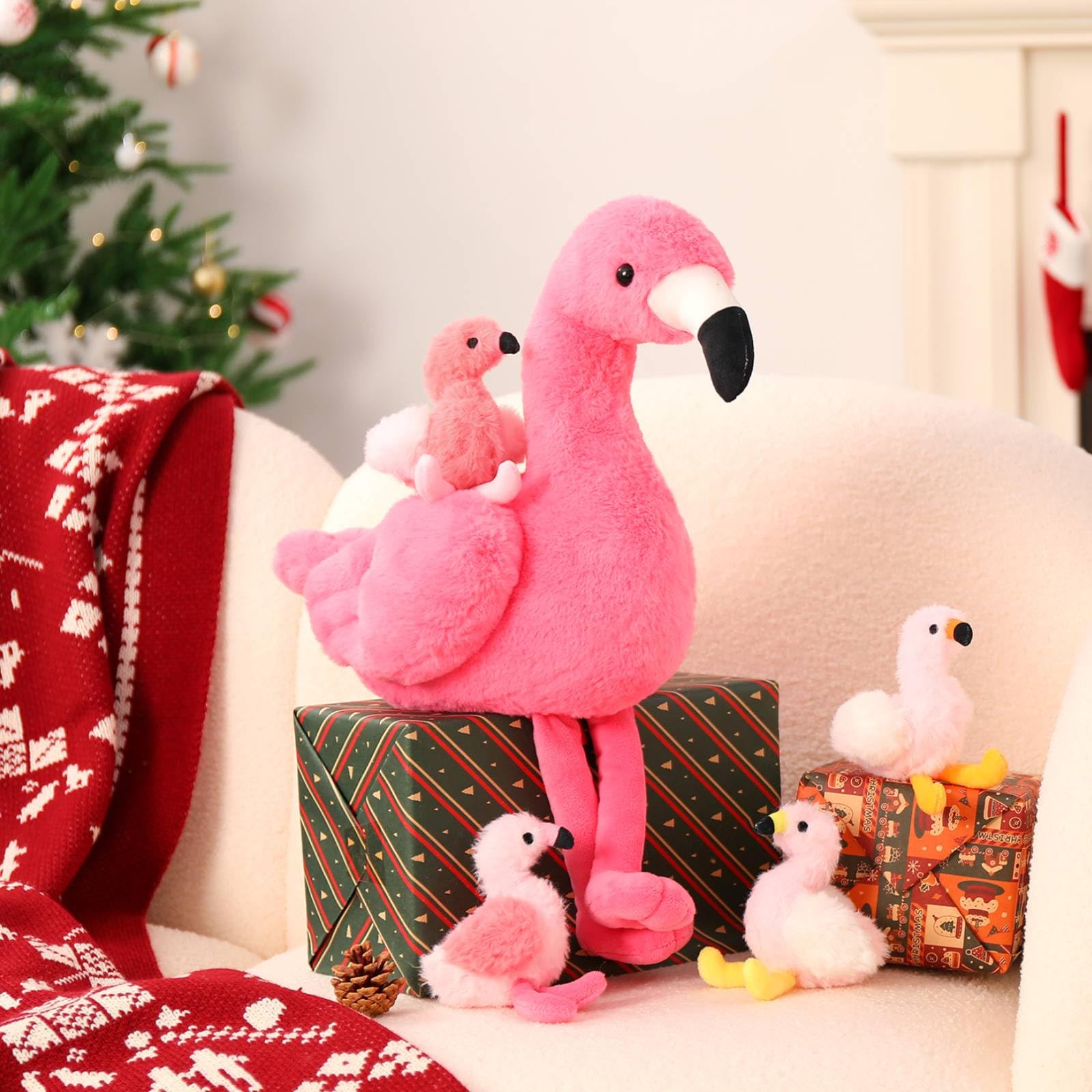 MorisMos 18 Inch Pink Flamingo Stuffed Animal with 4 Baby Bird Plush Toys Inside Zipper Tummy - Soft Plushie Gift Set for Girls, Women, Home Decor, Birthday, Christmas & Valentine's Day - Perfect for Nursery Decor, Cuddling & Gift Giving