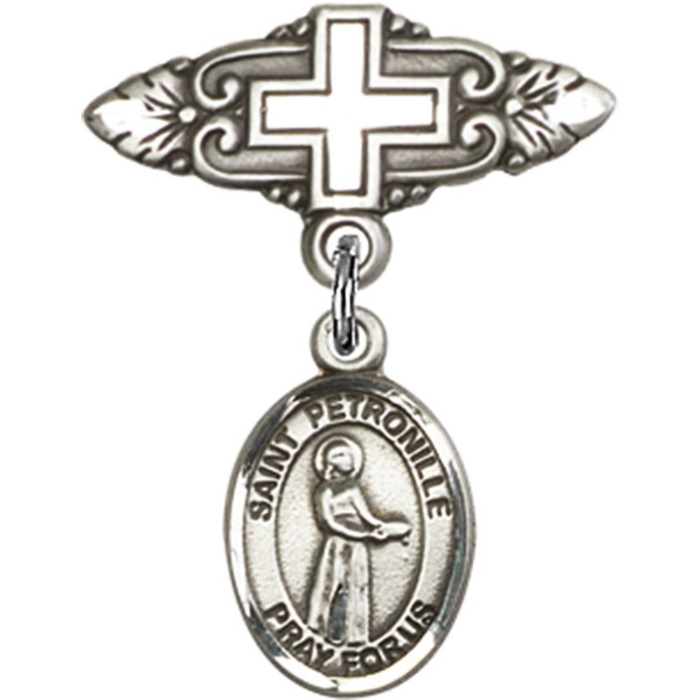 St. Petronille Sterling Silver Baby Badge with Cross Charm - 1 X 3/4 Inch Religious Pin for Christening, Baptism & First Communion Gifts