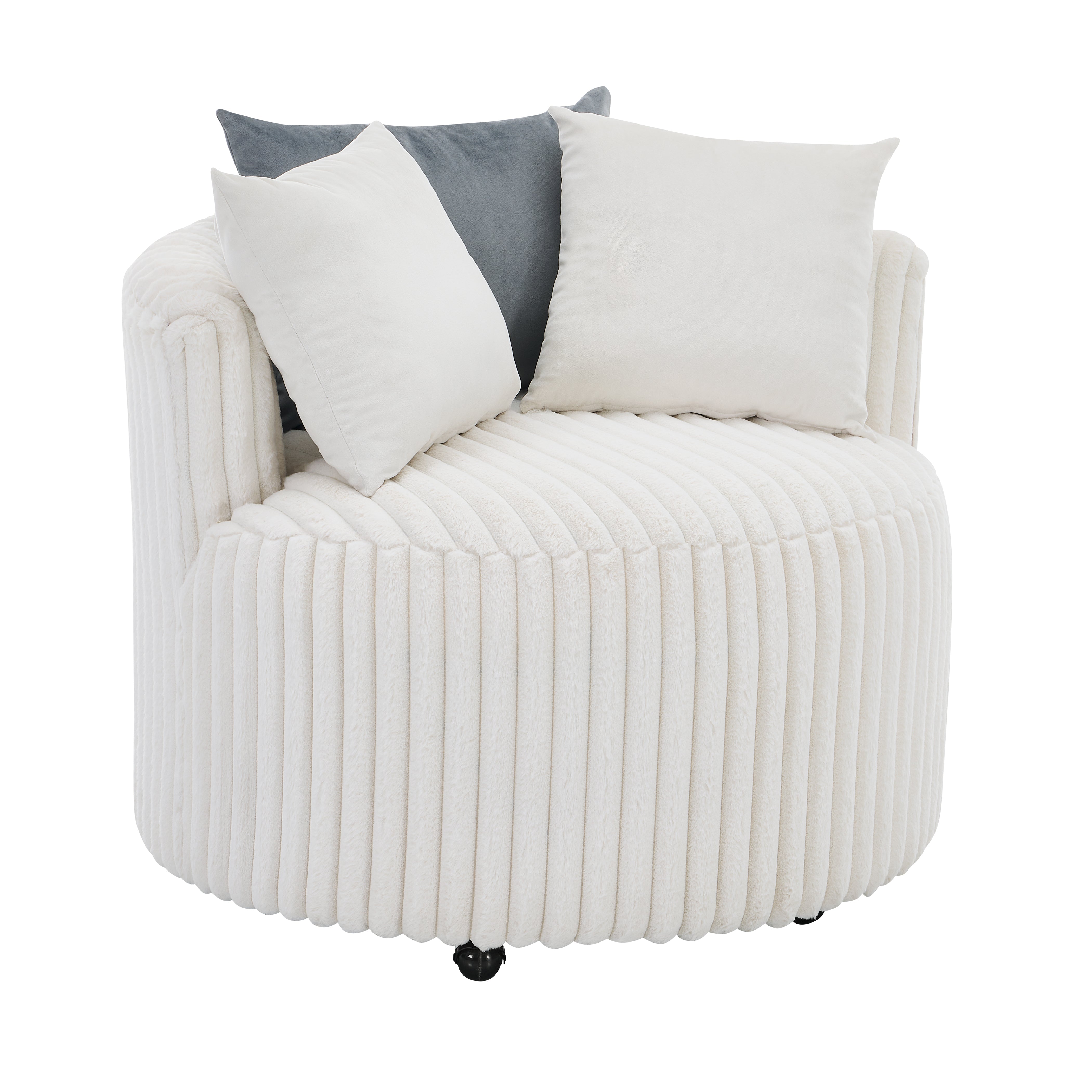 Roundhill Furniture Malna Plush Wide Wale Corduroy Upholstered Barrel Accent Chair with Wheels - Soft & Stylish Living Room Seating, Off White - Perfect for Home Office, Lounge & Reading Nook