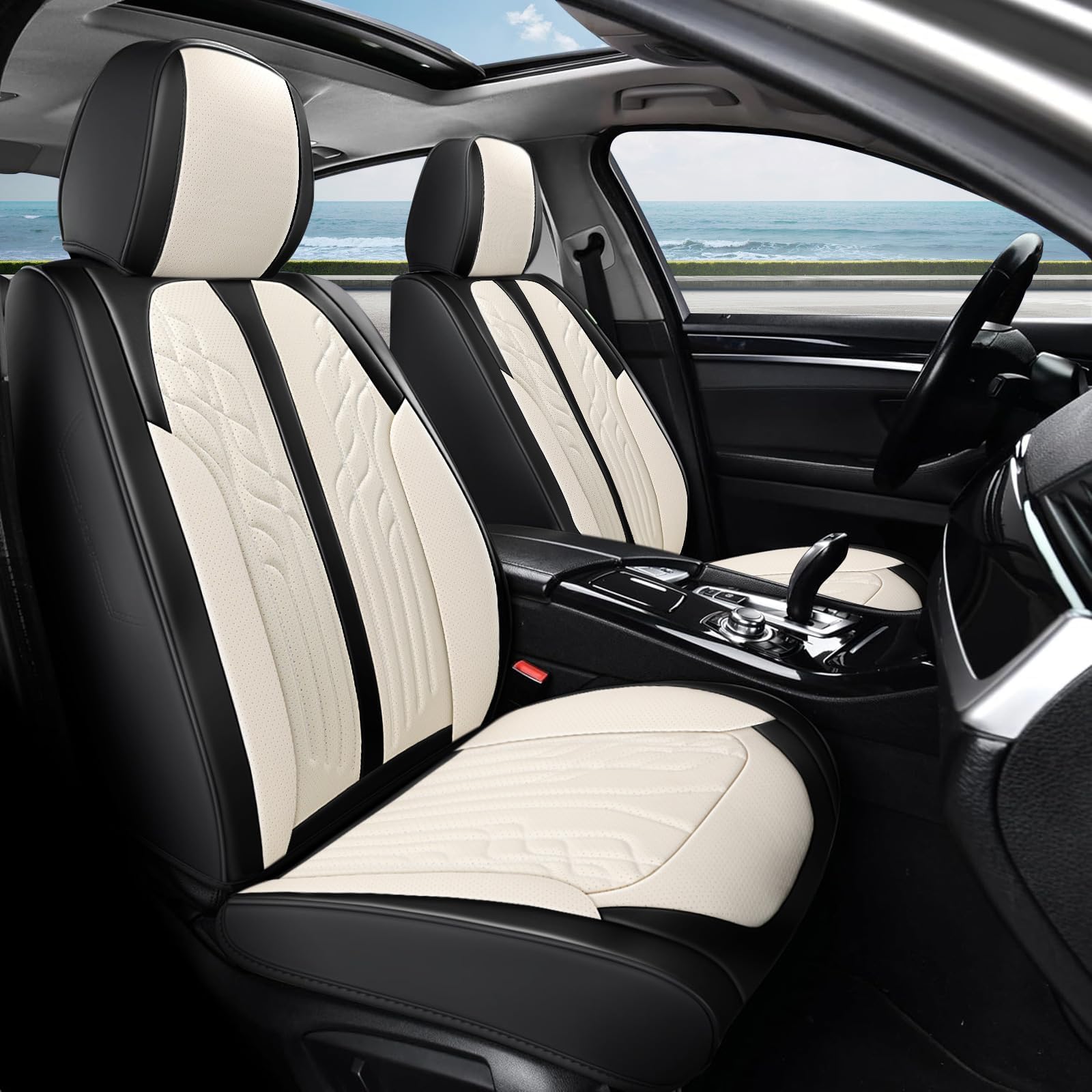 Premium Leather Car Seat Covers - Waterproof & Breathable Universal Fit for Cars, SUVs & Trucks | Anti-Slip Luxury Seat Protection (Full Set, Milk White+Black) | Perfect for Daily Commute, Road Trips & Family Travel