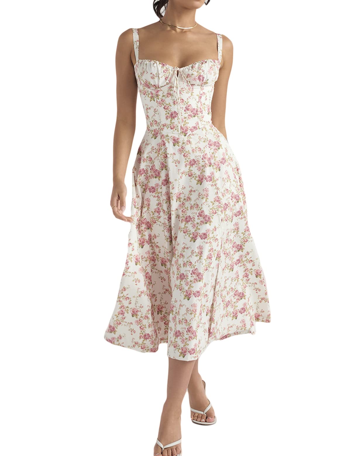 Houstil Women's Floral Print Midi Dress - Sleeveless Strappy Cami Bodycon Summer Dress for Wedding Guest, Party, Date Night & Casual Wear
